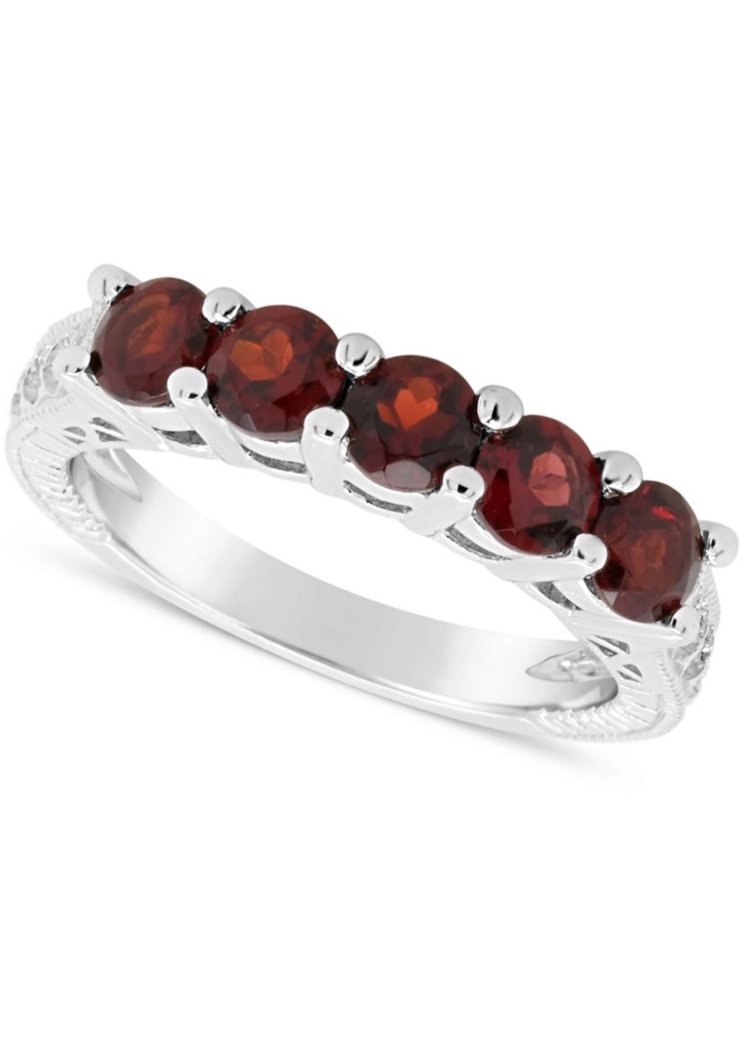 Sterling Silver 4mm Round 5-Stone Garnet Ring