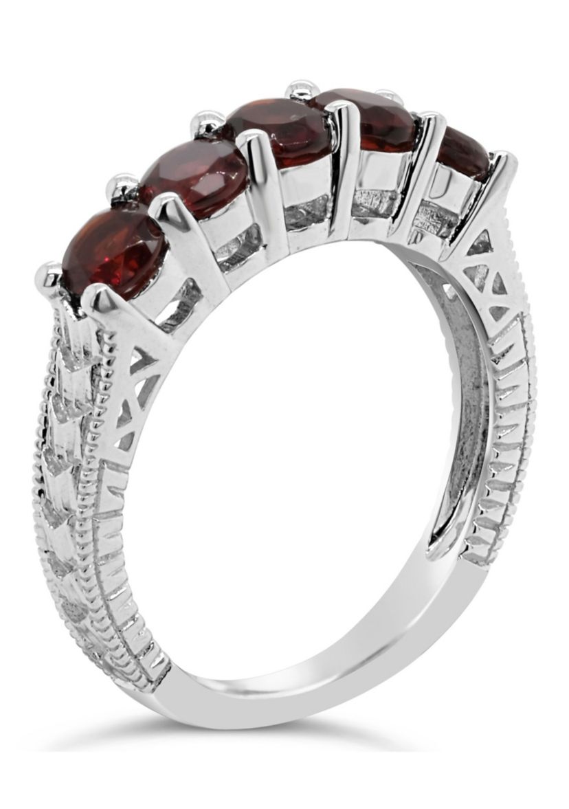 Sterling Silver 4mm Round 5-Stone Garnet Ring