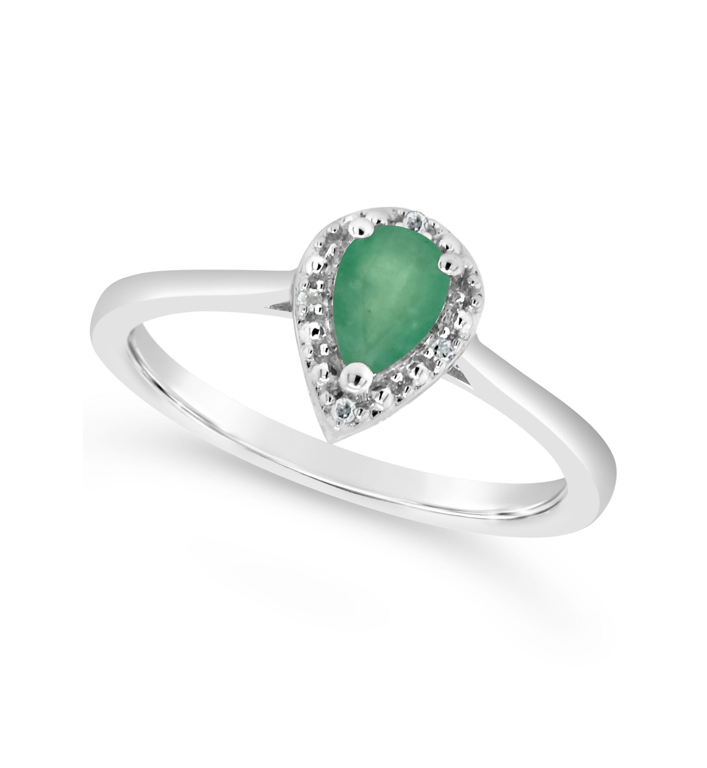Sterling Silver 6x4mm Pear Shaped Emerald Diamond Accent Halo Ring