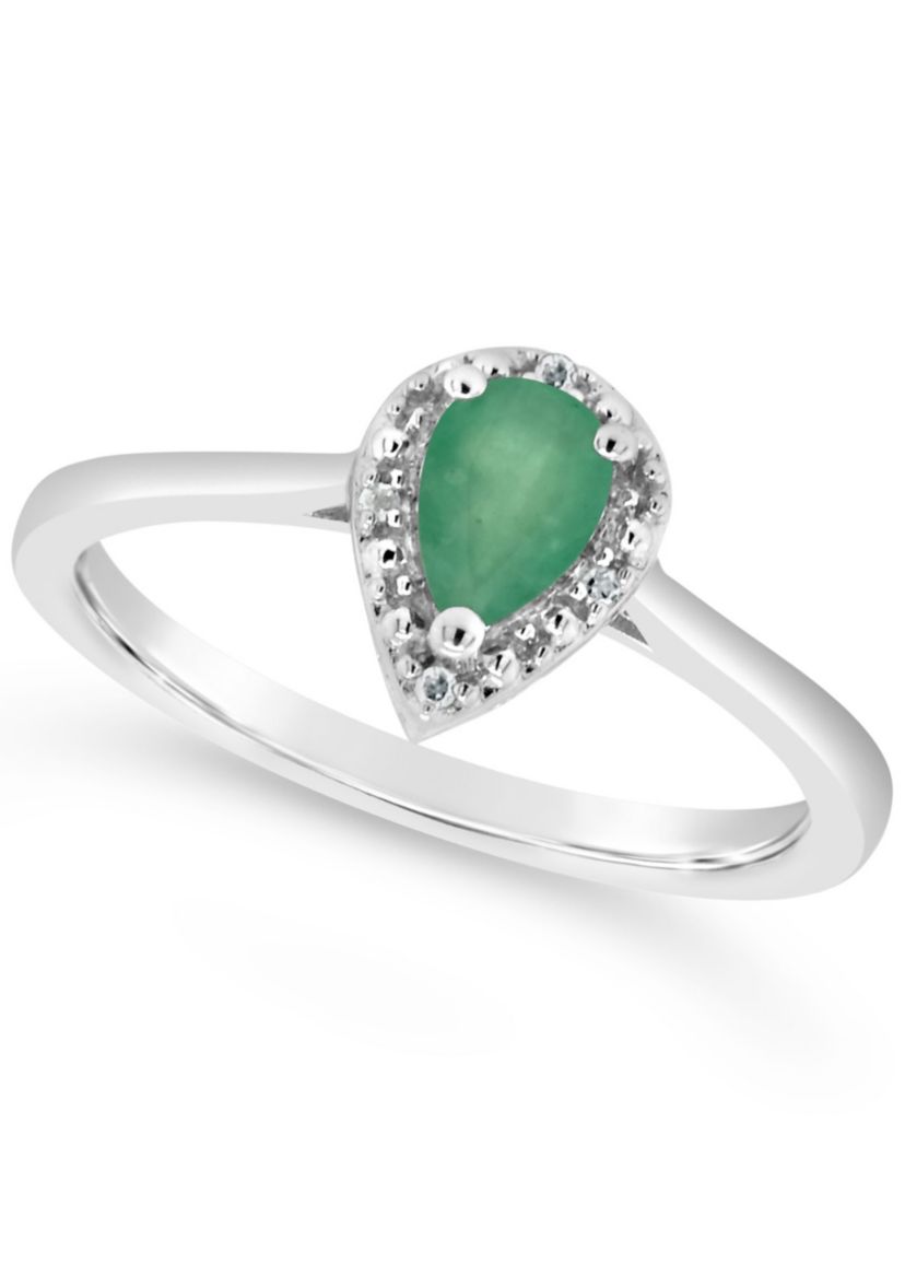 Sterling Silver 6x4mm Pear Shaped Emerald Diamond Accent Halo Ring