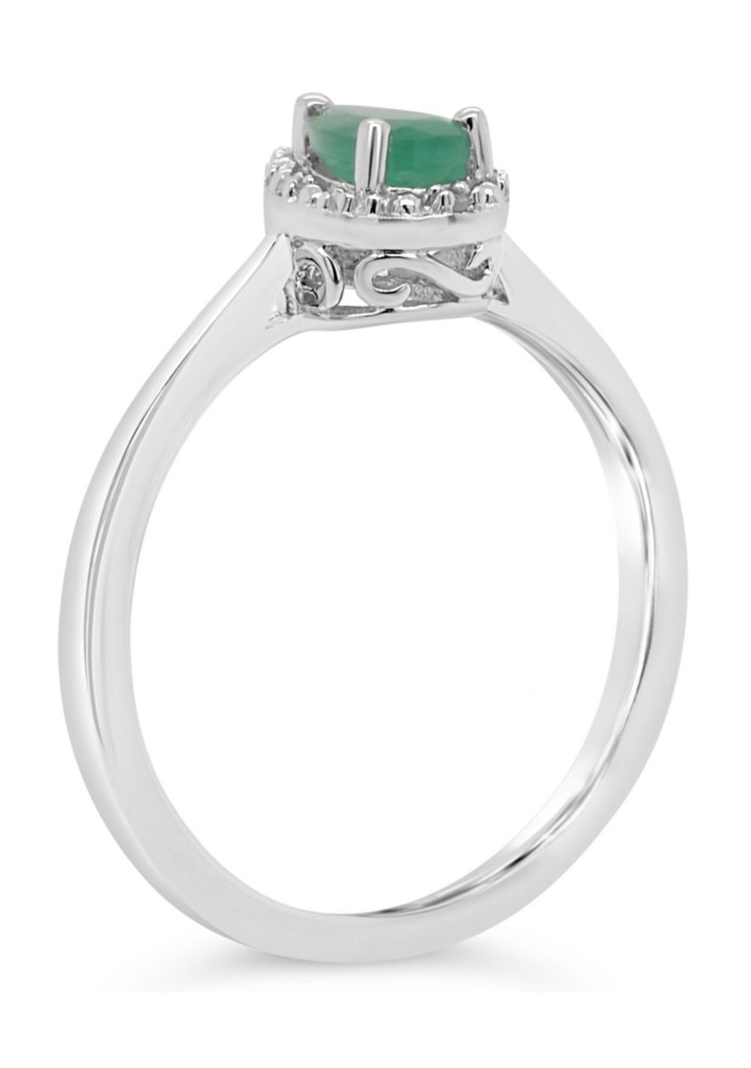 Sterling Silver 6x4mm Pear Shaped Emerald Diamond Accent Halo Ring