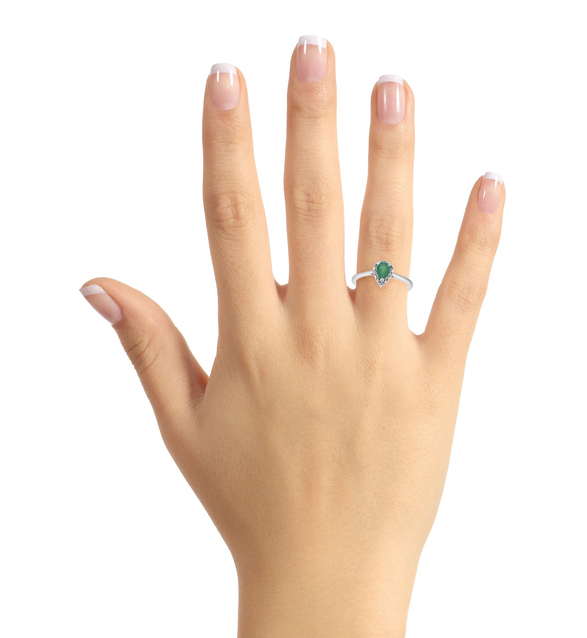 Sterling Silver 6x4mm Pear Shaped Emerald Diamond Accent Halo Ring