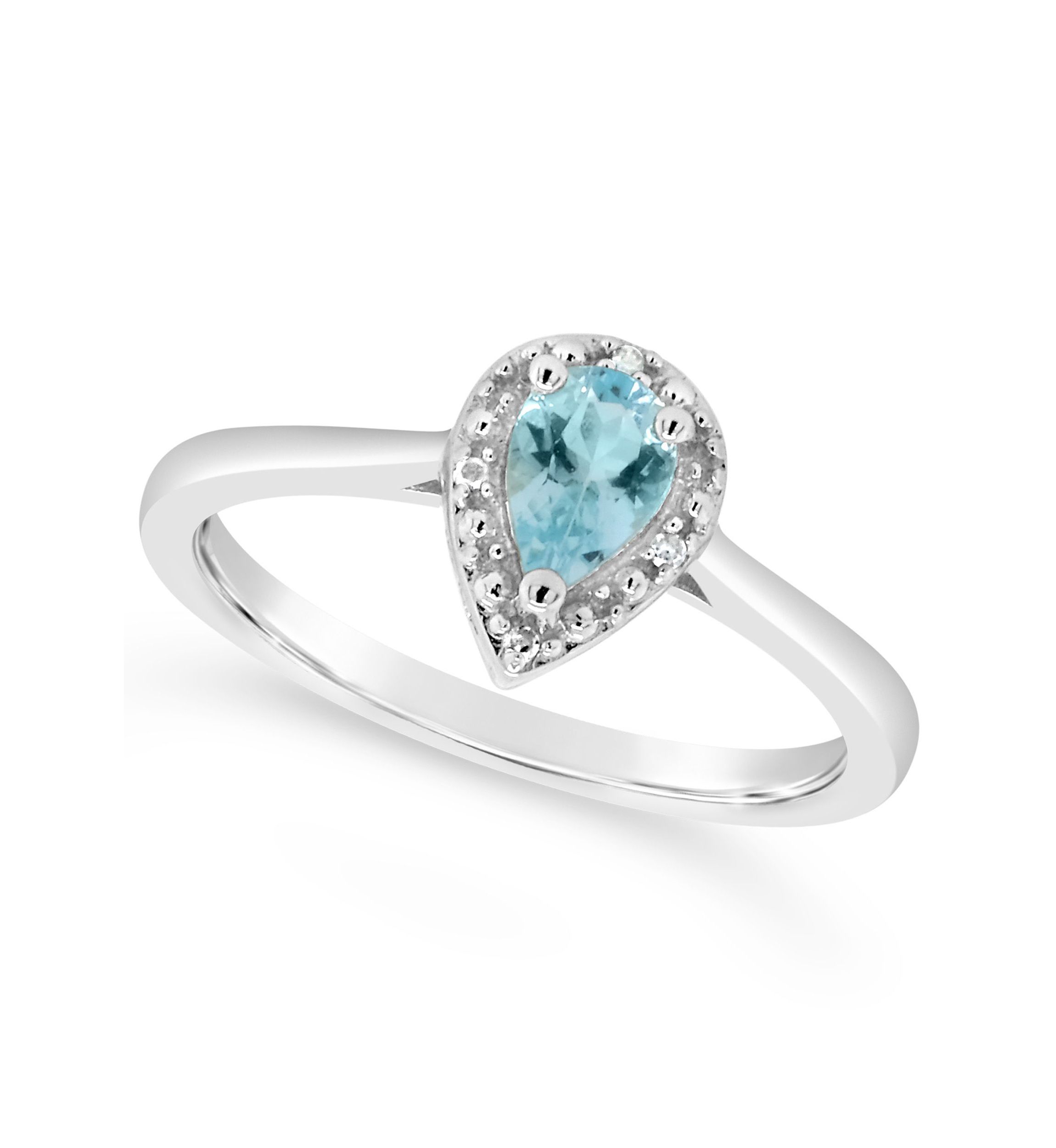 Sterling Silver 6x4mm Pear Shaped Aquamarine Diamond Accent Halo Ring