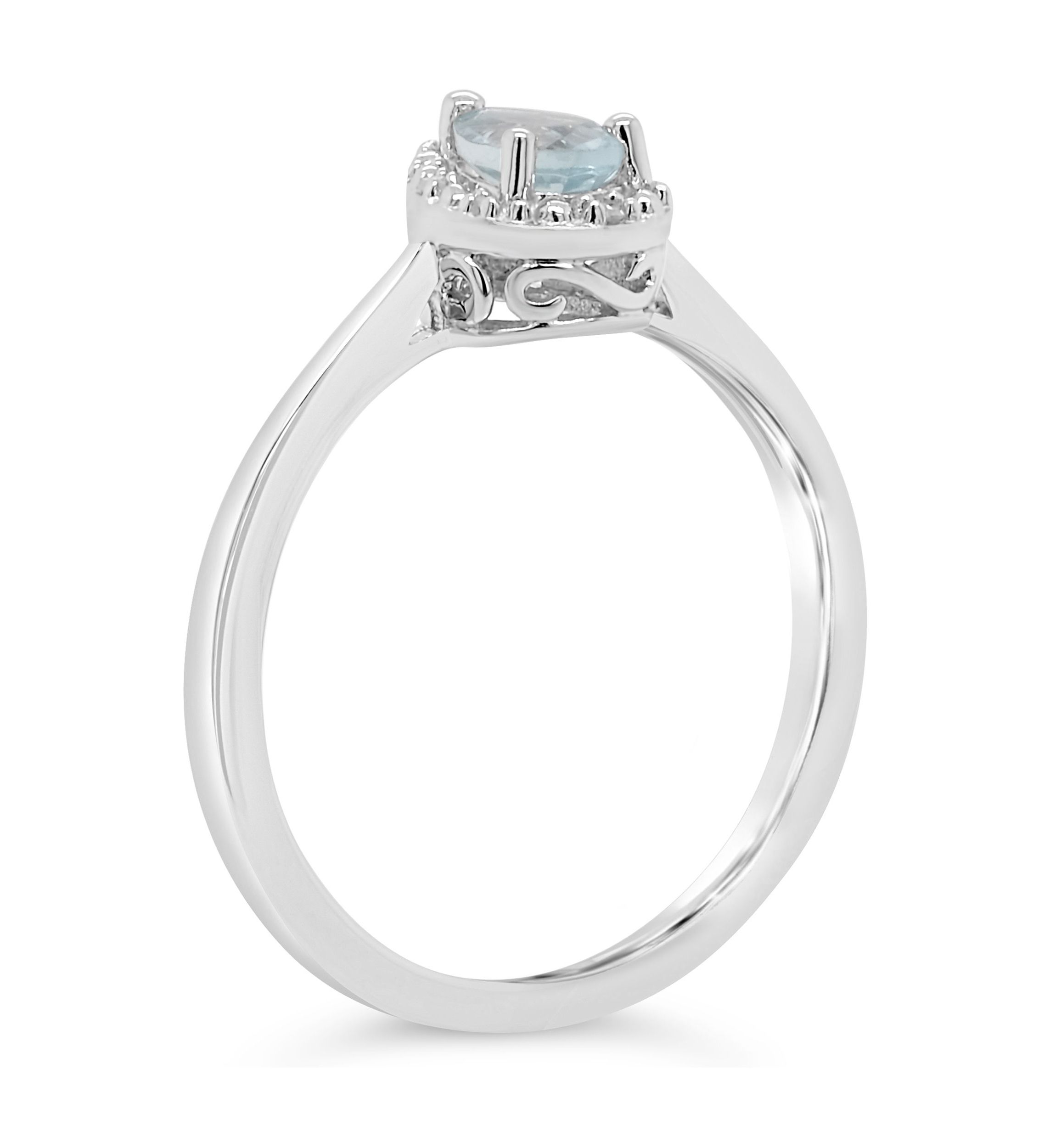 Sterling Silver 6x4mm Pear Shaped Aquamarine Diamond Accent Halo Ring