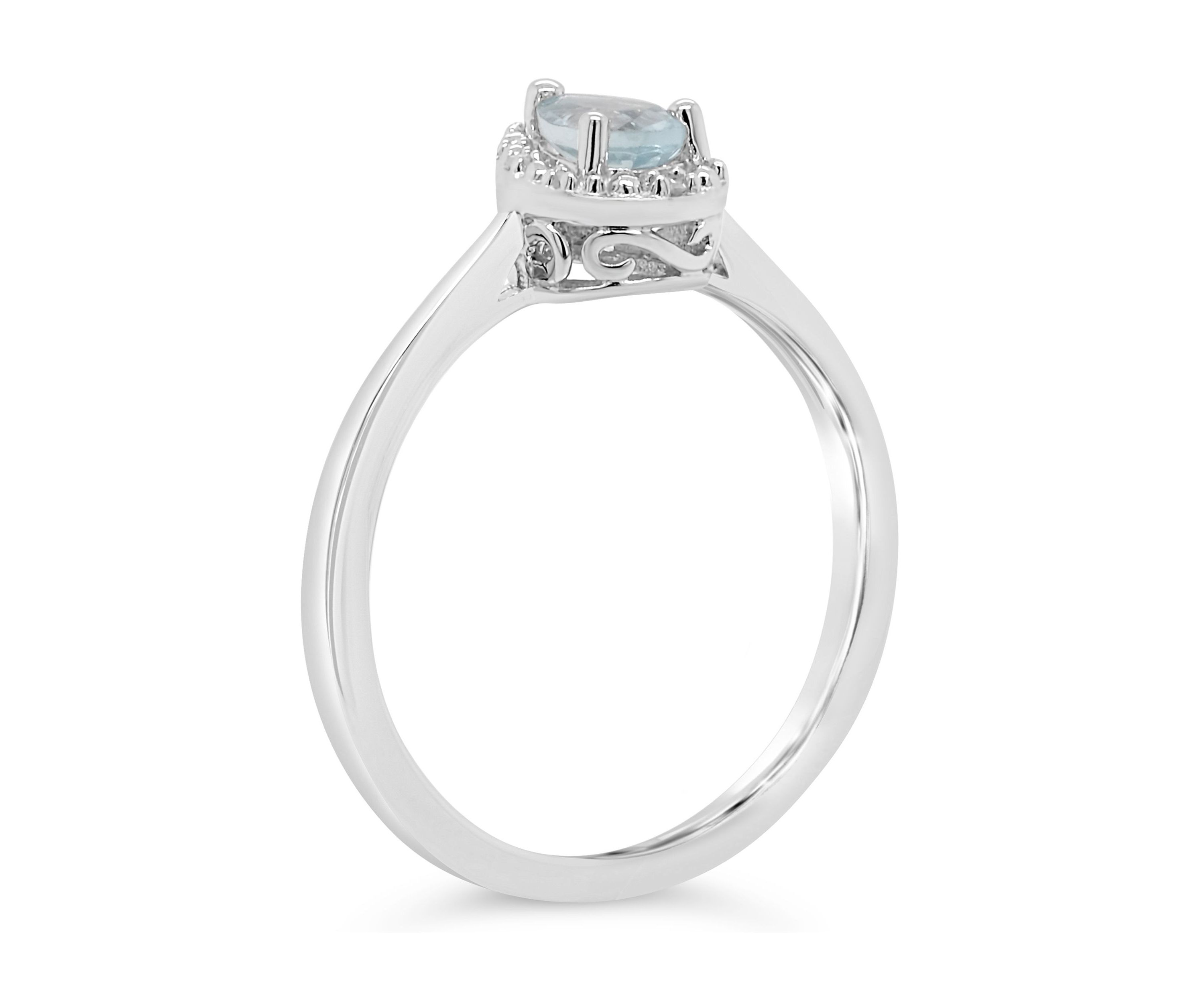 Sterling Silver 6x4mm Pear Shaped Aquamarine Diamond Accent Halo Ring