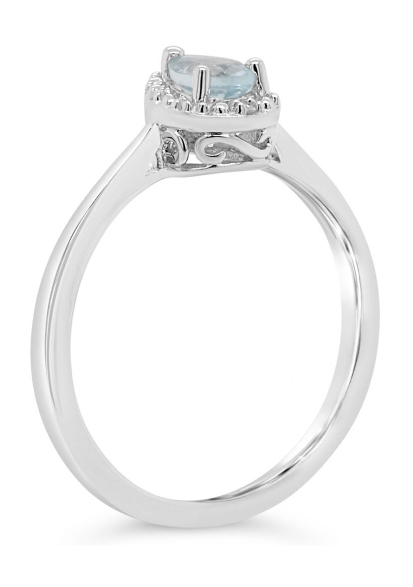 Sterling Silver 6x4mm Pear Shaped Aquamarine Diamond Accent Halo Ring