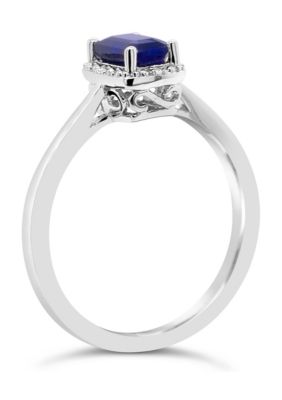 Sterling Silver 6x4mm Emerald Cut Sapphire Diamond Accent Halo Ring