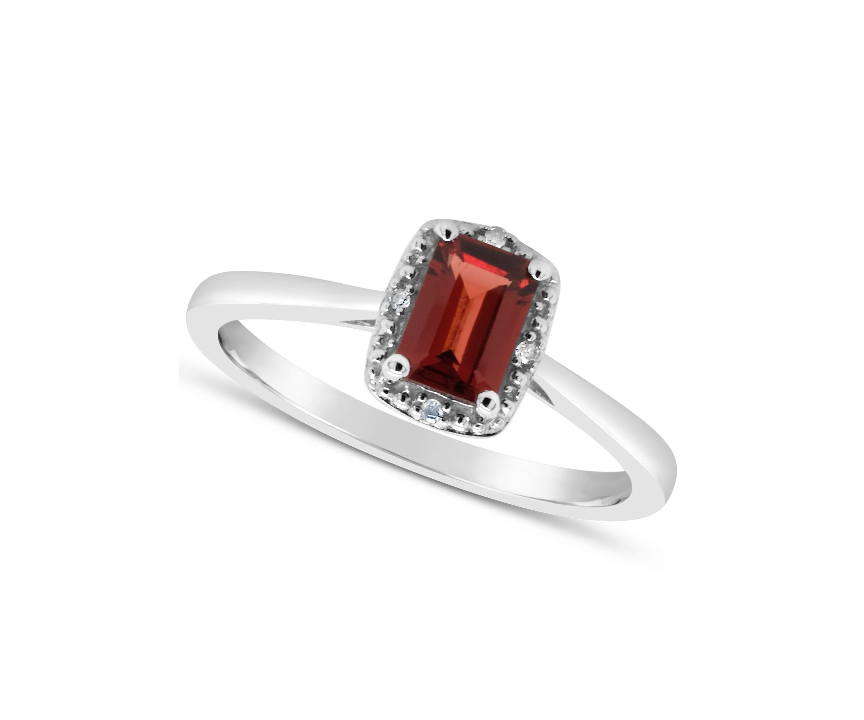 Sterling Silver 6x4mm Emerald Cut Garnet Diamond Accent Halo Ring