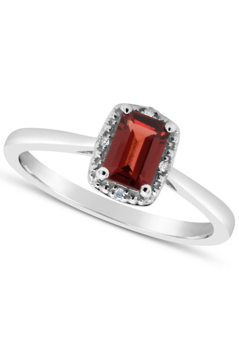 Sterling Silver 6x4mm Emerald Cut Garnet Diamond Accent Halo Ring