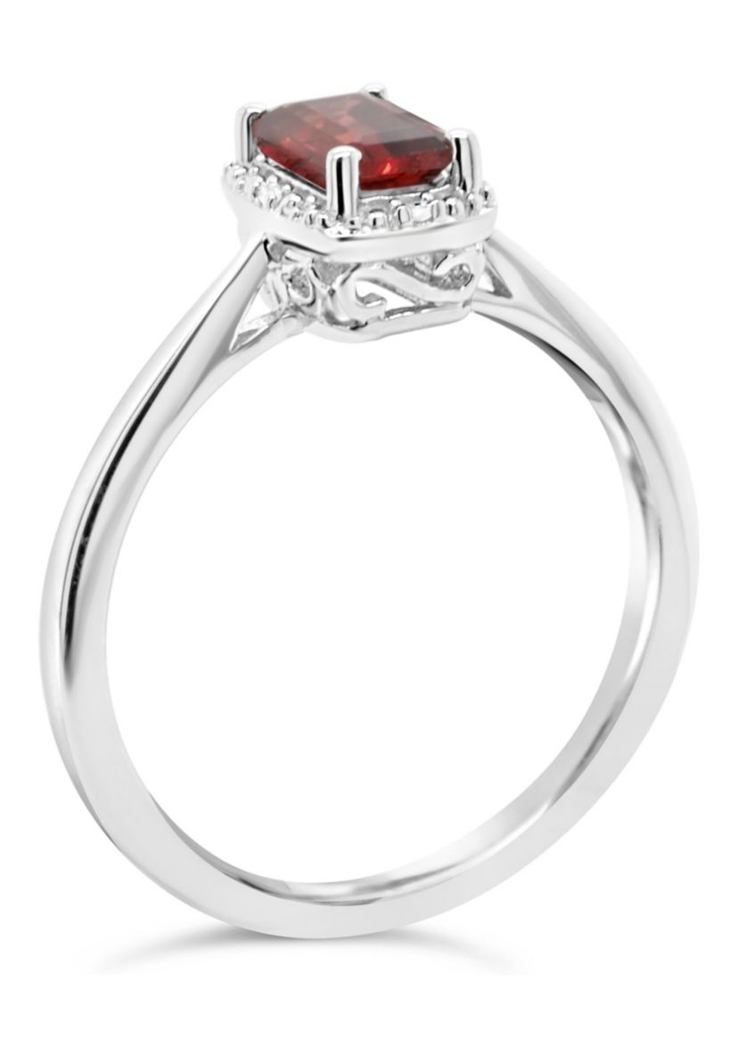 Sterling Silver 6x4mm Emerald Cut Garnet Diamond Accent Halo Ring