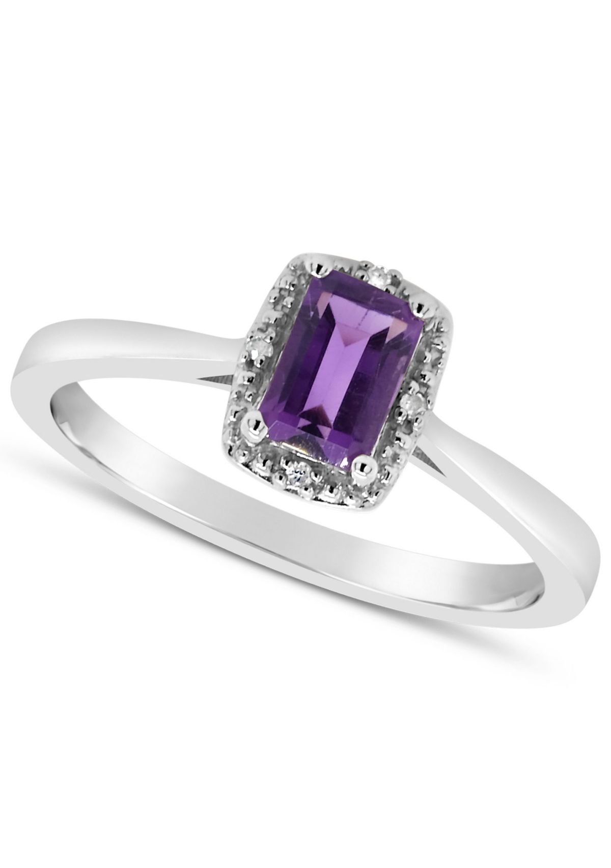 Sterling Silver 6x4mm Emerald Cut Amethyst Diamond Accent Halo Ring