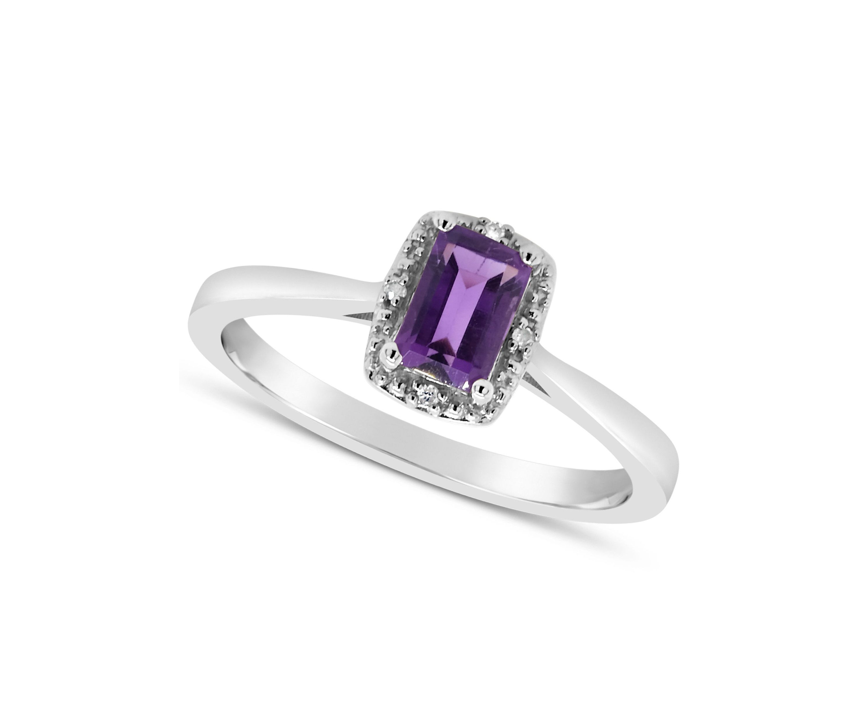 Sterling Silver 6x4mm Emerald Cut Amethyst Diamond Accent Halo Ring