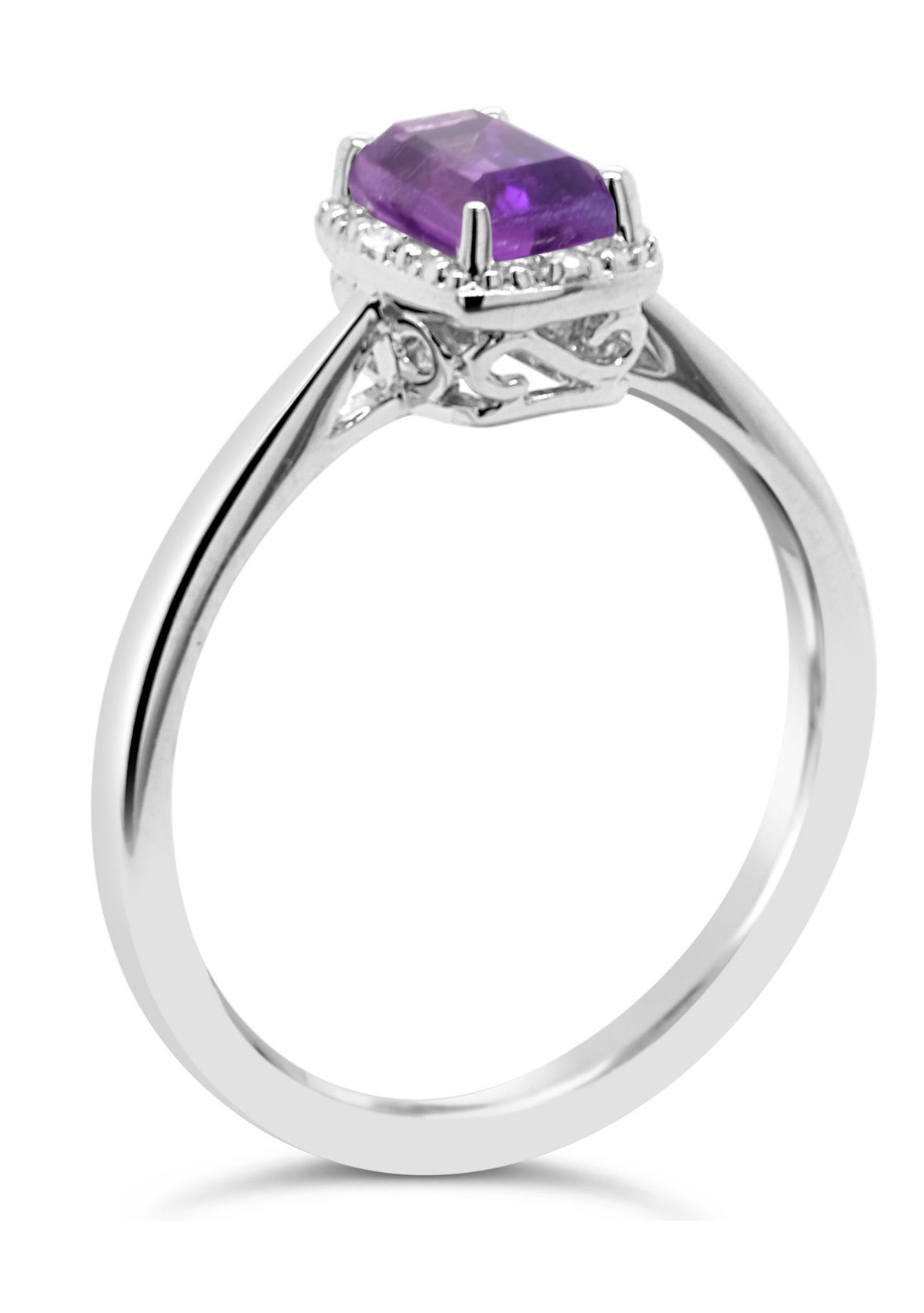 Sterling Silver 6x4mm Emerald Cut Amethyst Diamond Accent Halo Ring
