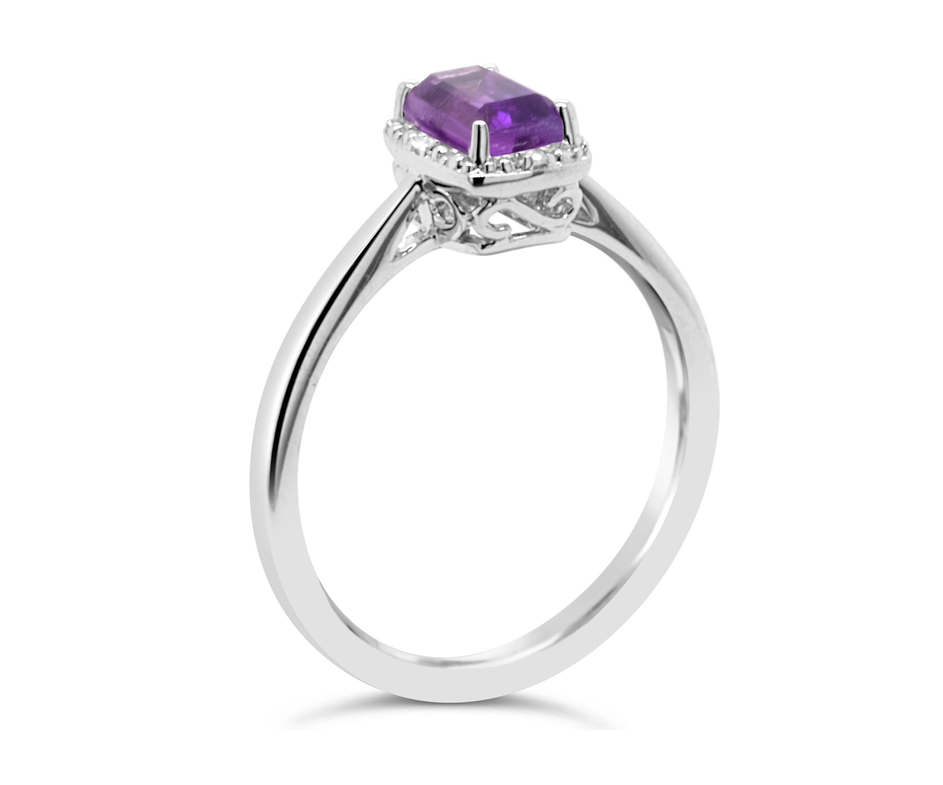 Sterling Silver 6x4mm Emerald Cut Amethyst Diamond Accent Halo Ring