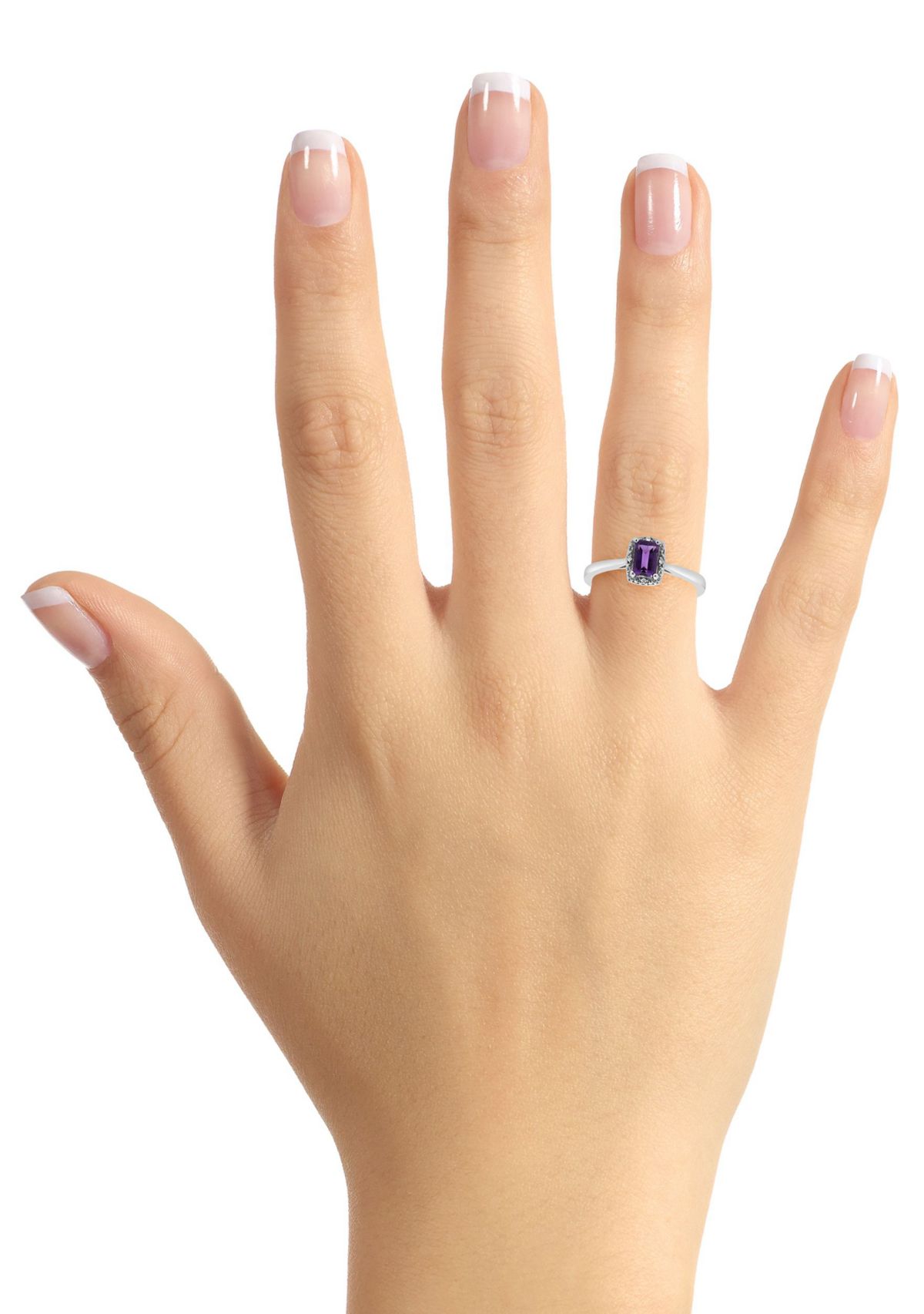 Sterling Silver 6x4mm Emerald Cut Amethyst Diamond Accent Halo Ring