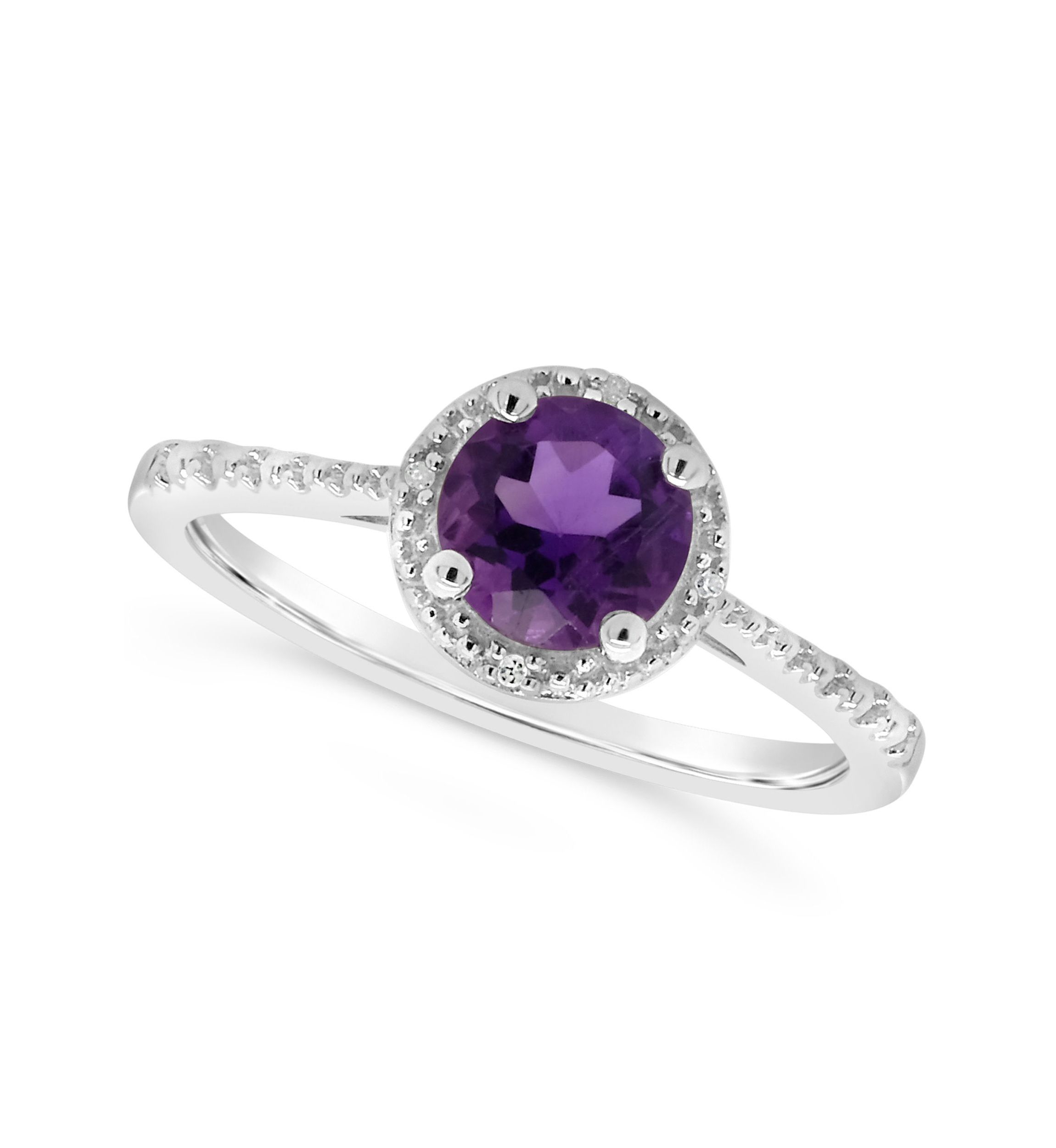 Sterling Silver 6mm Round Amethyst Diamond Accent Halo Ring