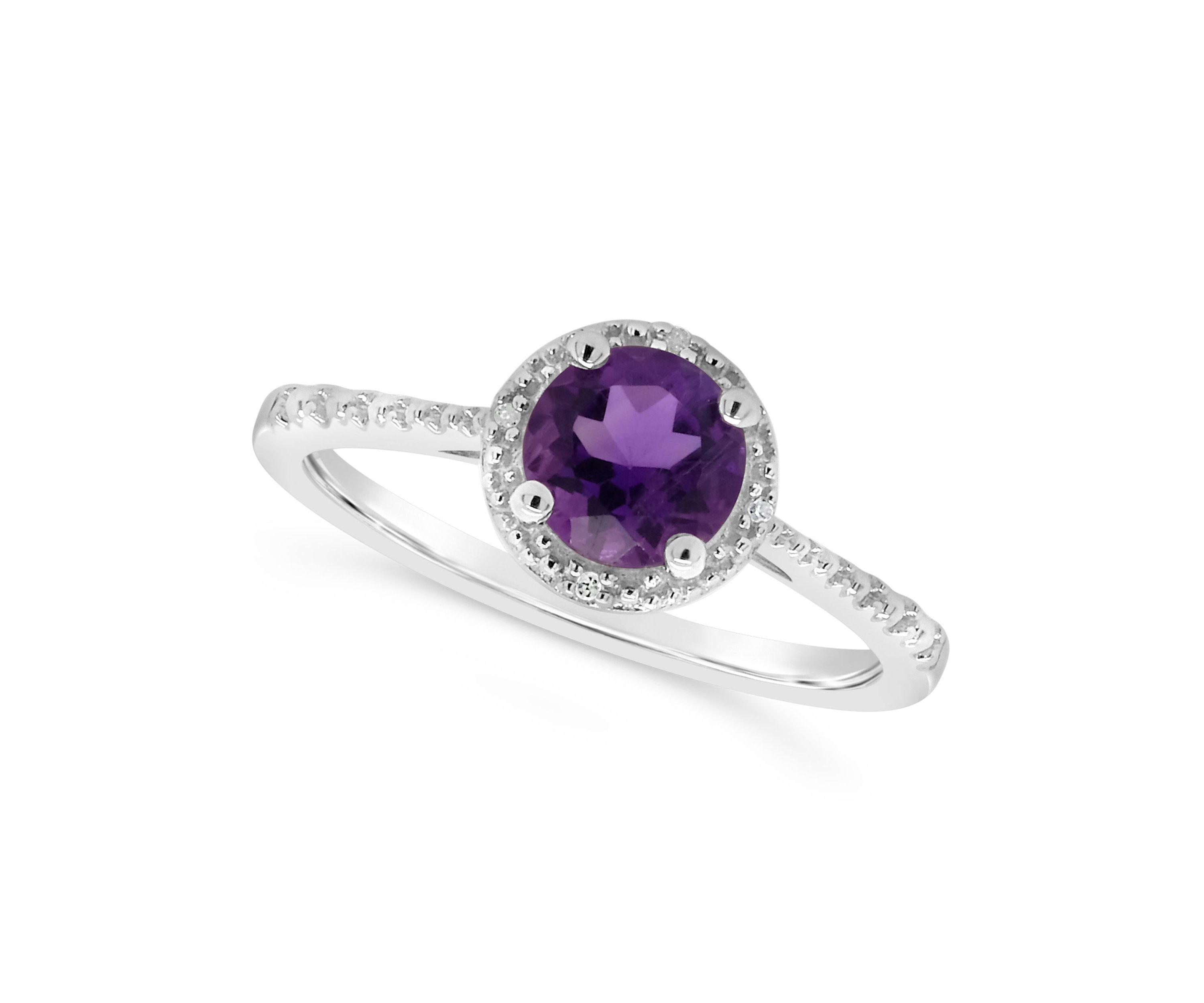 Sterling Silver 6mm Round Amethyst Diamond Accent Halo Ring