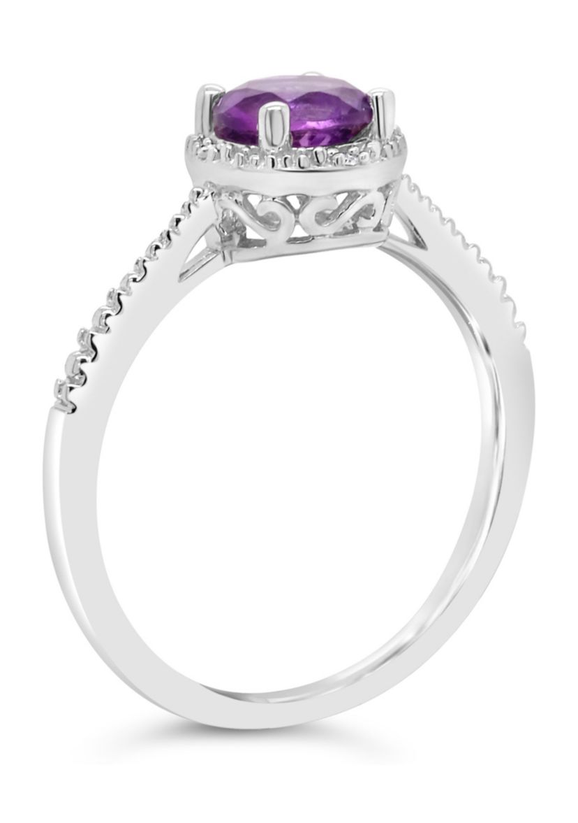 Sterling Silver 6mm Round Amethyst Diamond Accent Halo Ring