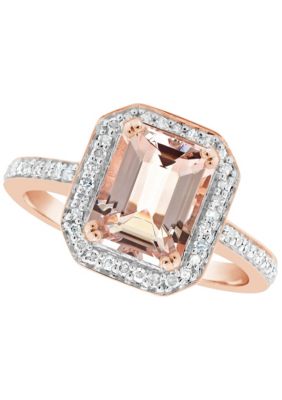 Belk & Co Sterling Silver/14K Rose Gold Plated 9X7Mm Emerald Cut Morganite 1/4 Cttw Diamond Halo Ring, 6 -  0888836031821
