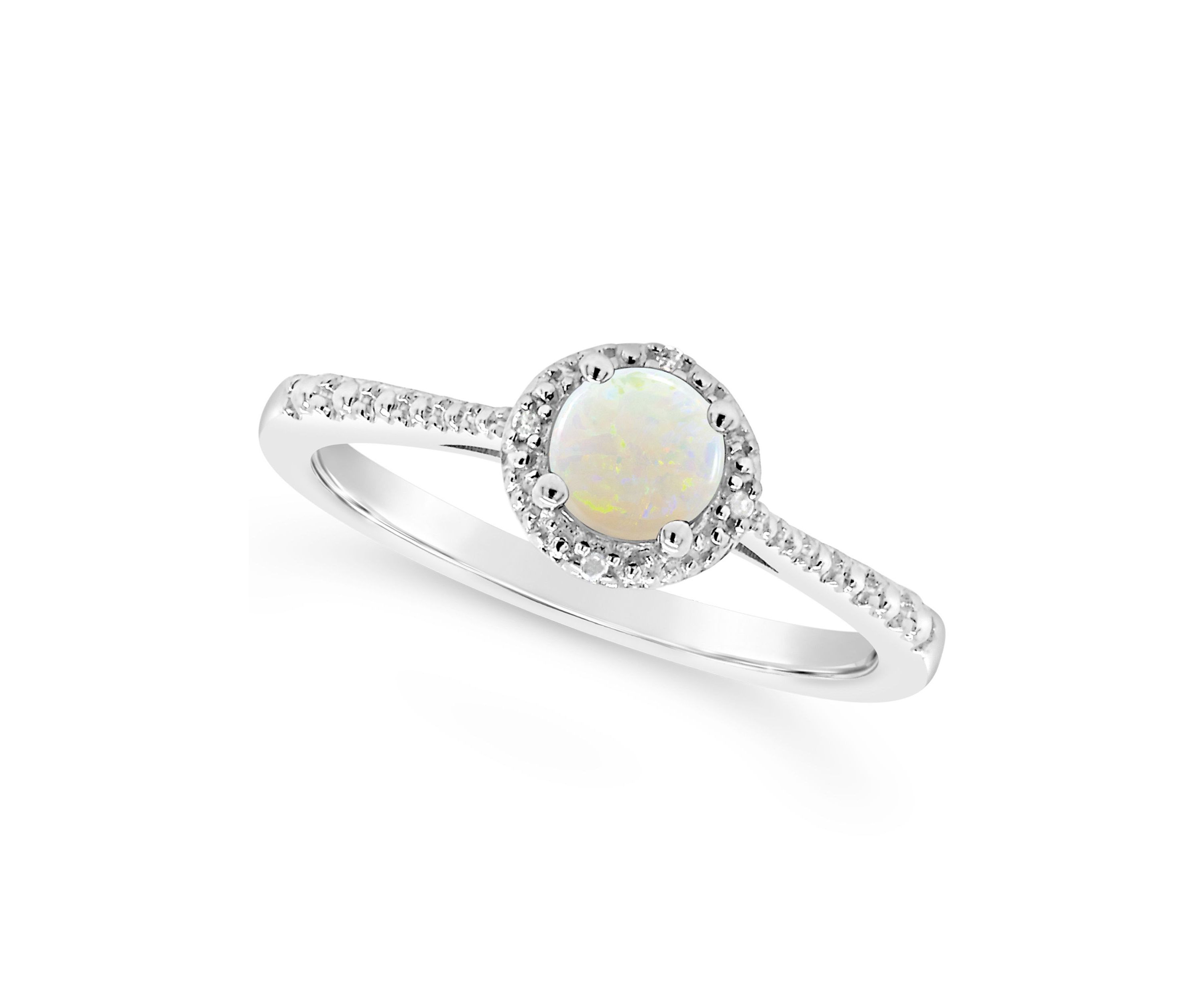 Sterling Silver 5mm Round Opal Diamond Accent Halo Ring