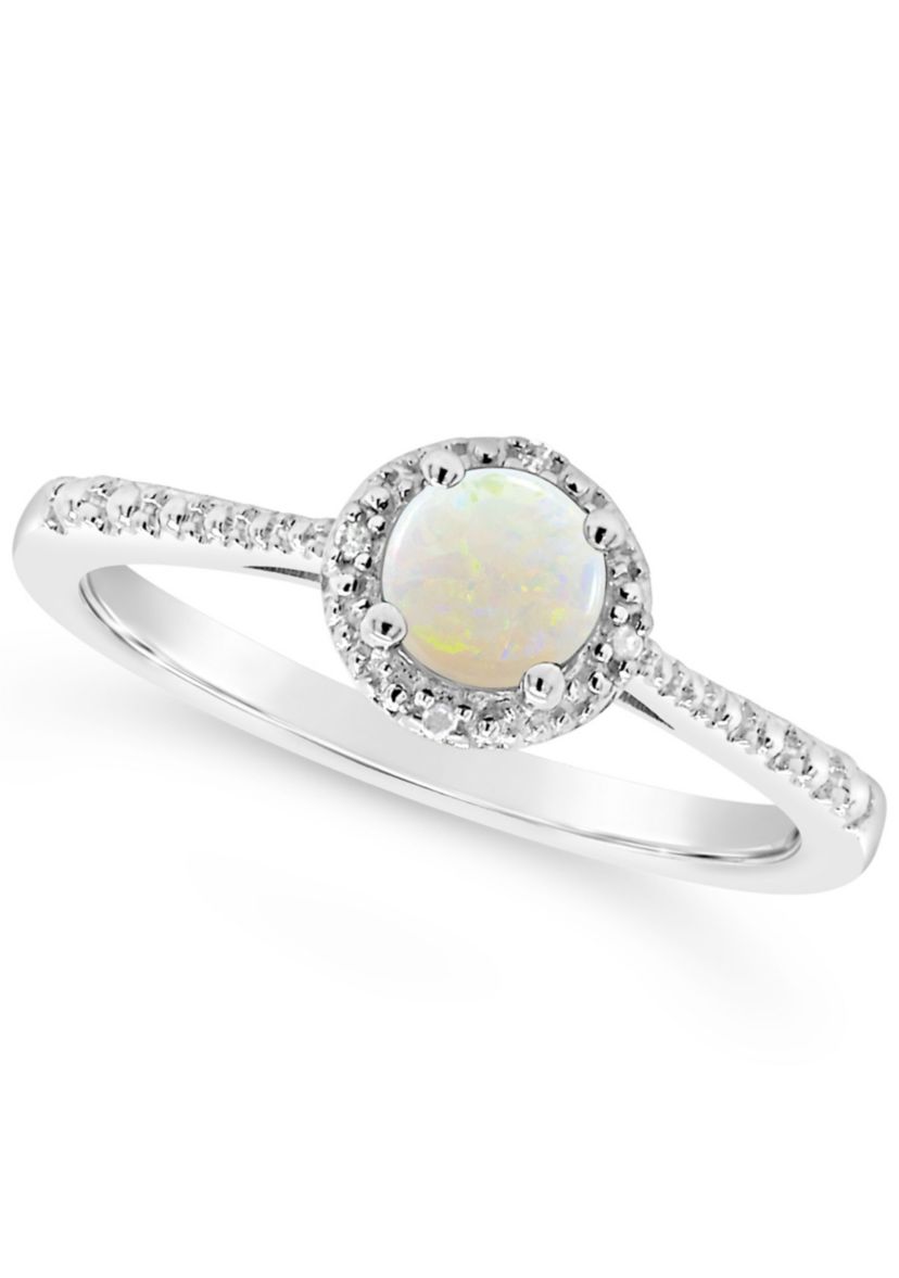 Sterling Silver 5mm Round Opal Diamond Accent Halo Ring