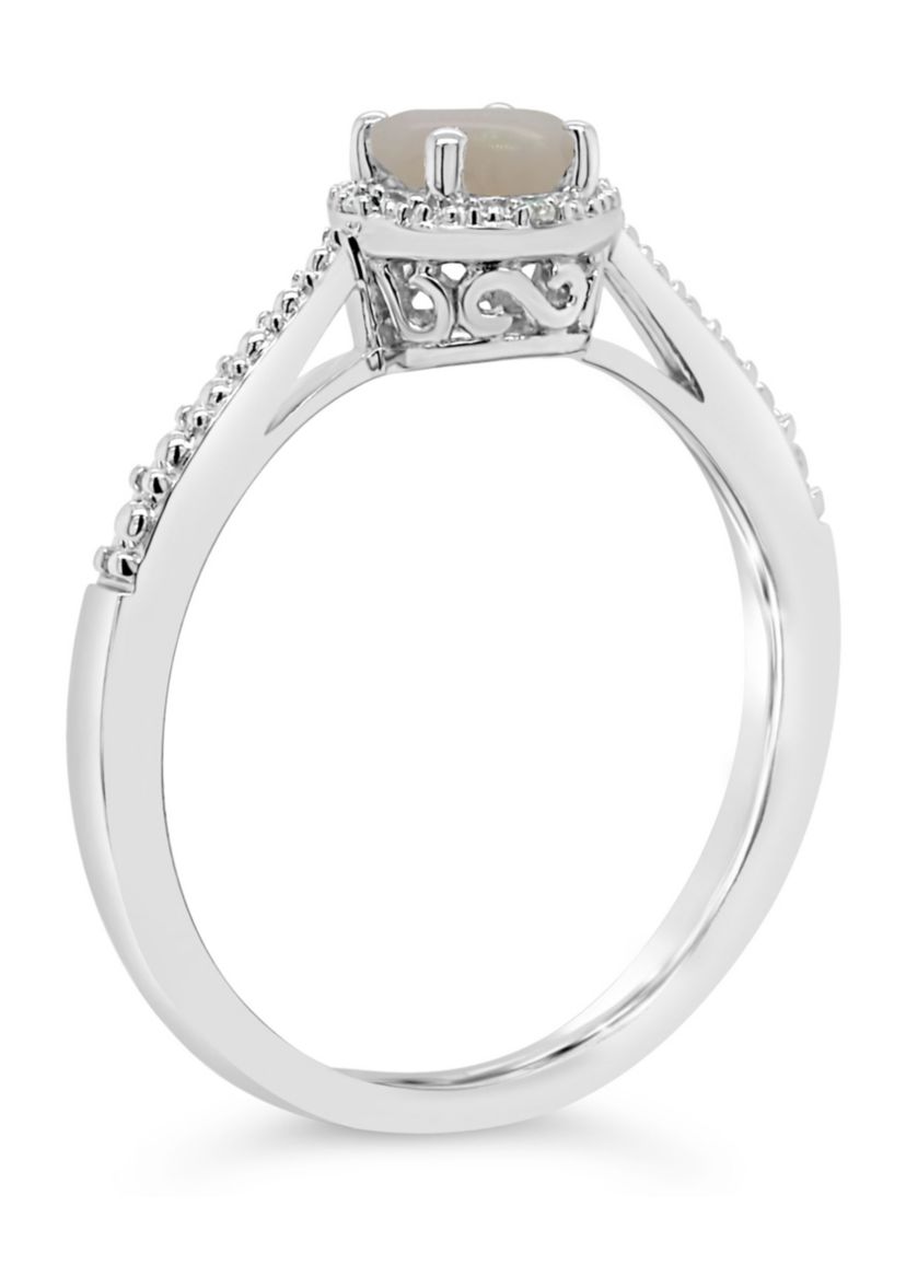 Sterling Silver 5mm Round Opal Diamond Accent Halo Ring