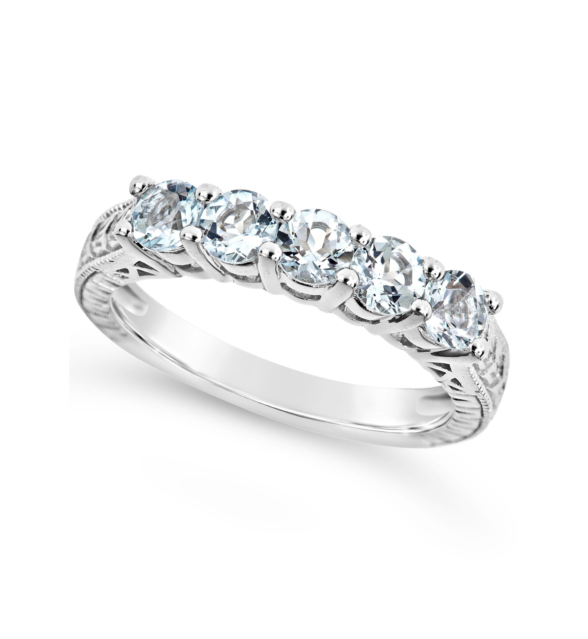 Sterling Silver 4mm Round 5-Stone Aquamarine Ring