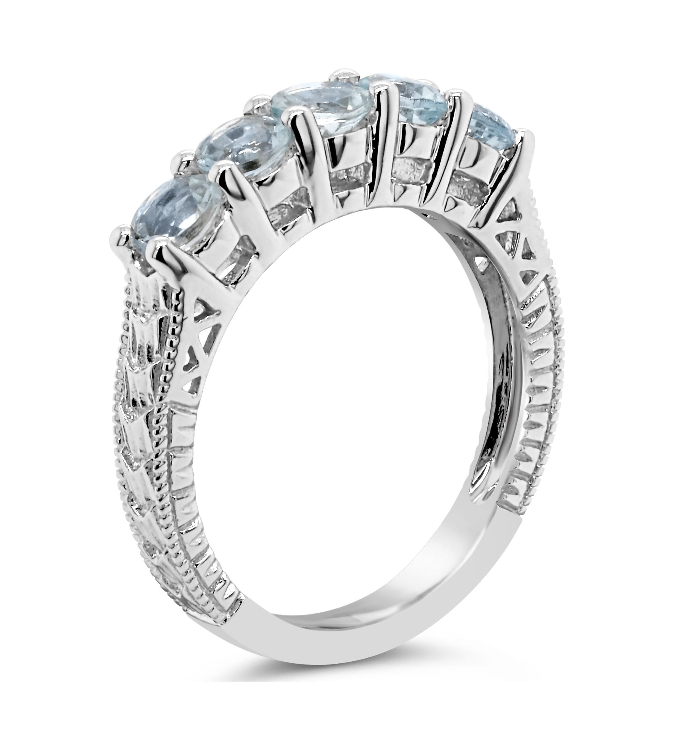 Sterling Silver 4mm Round 5-Stone Aquamarine Ring