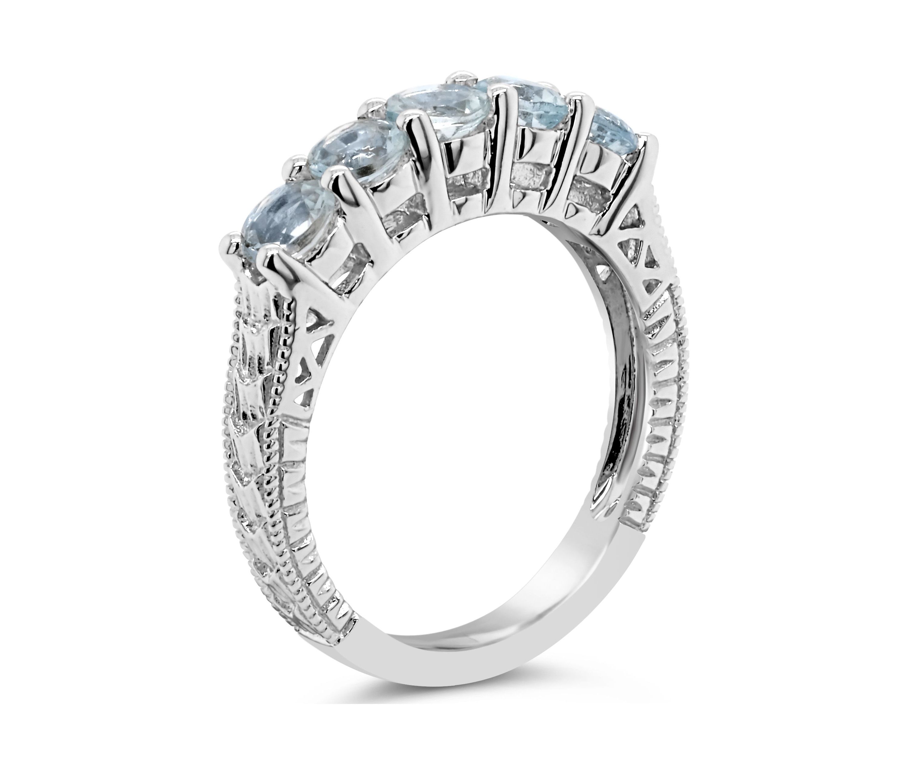 Sterling Silver 4mm Round 5-Stone Aquamarine Ring