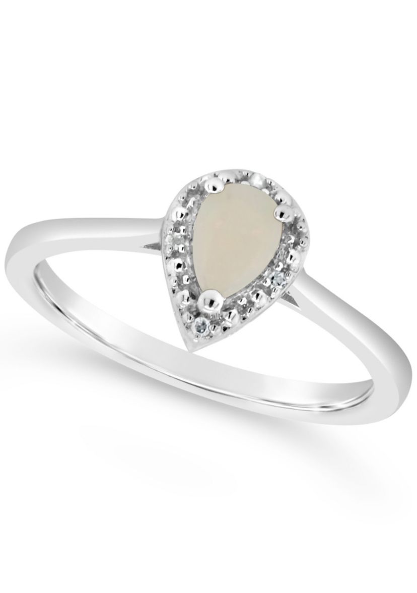 Sterling Silver 6x4mm Pear Shaped Opal Diamond Accent Halo Ring