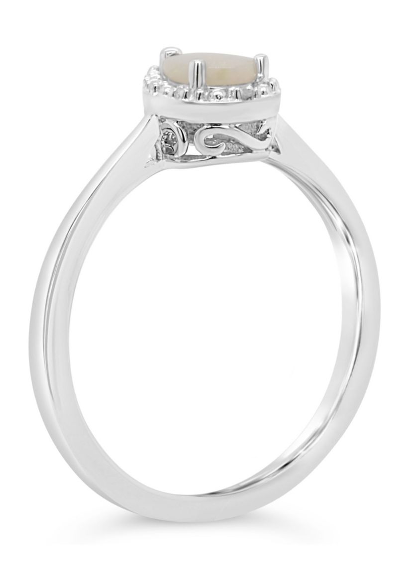 Sterling Silver 6x4mm Pear Shaped Opal Diamond Accent Halo Ring