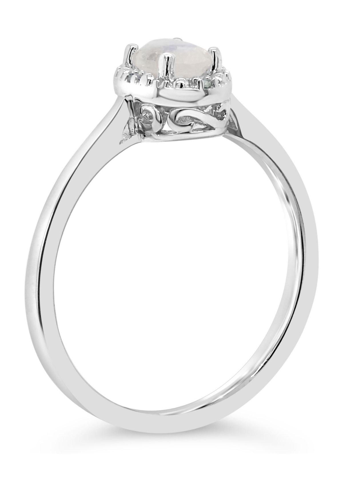 Sterling Silver 6x4mm Oval Moonstone Diamond Accent Halo Ring