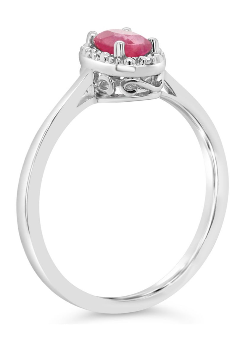 Sterling Silver 6x4mm Oval Ruby Diamond Accent Halo Ring