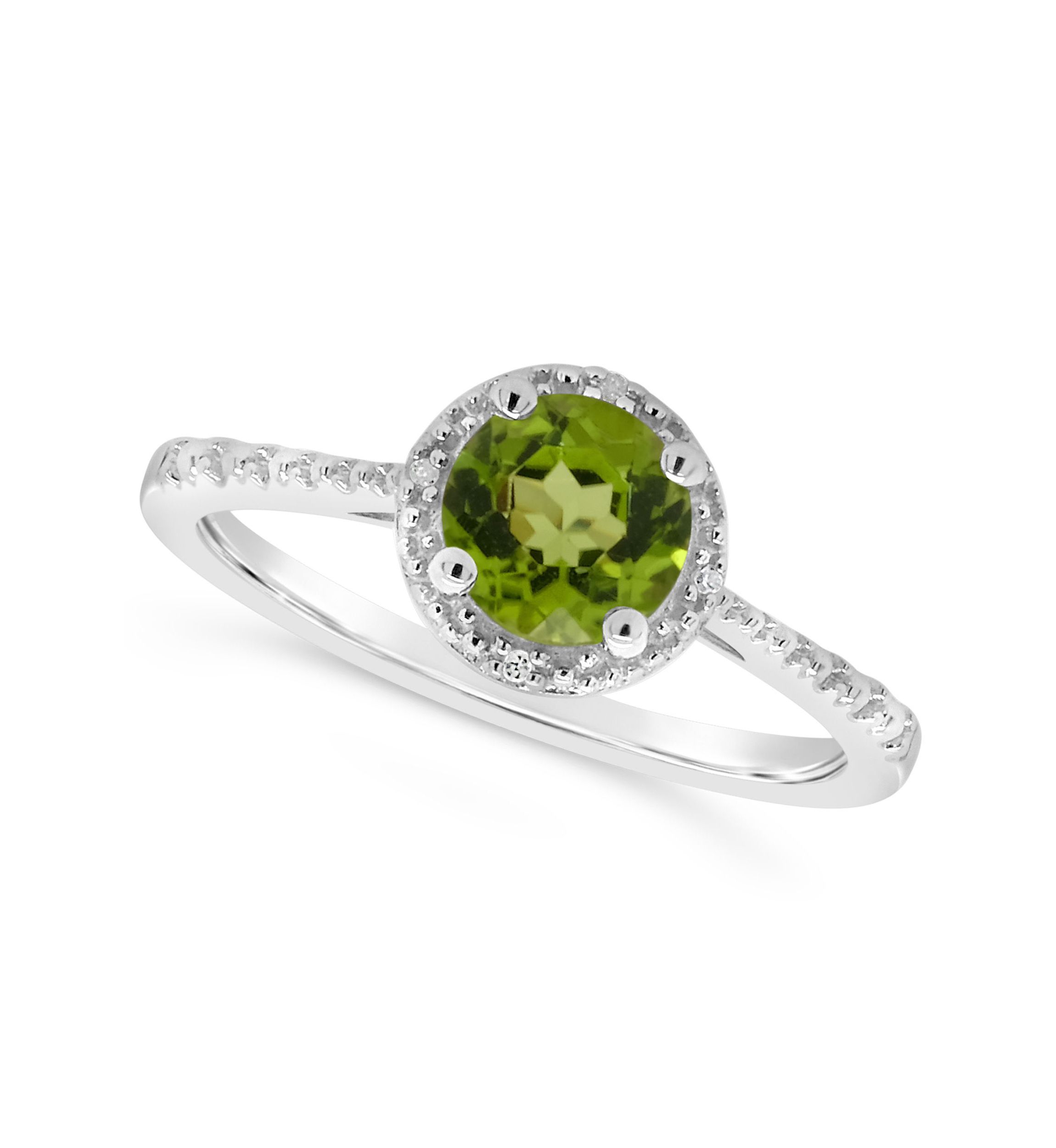 Sterling Silver 6mm Round Peridot Diamond Accent Halo Ring