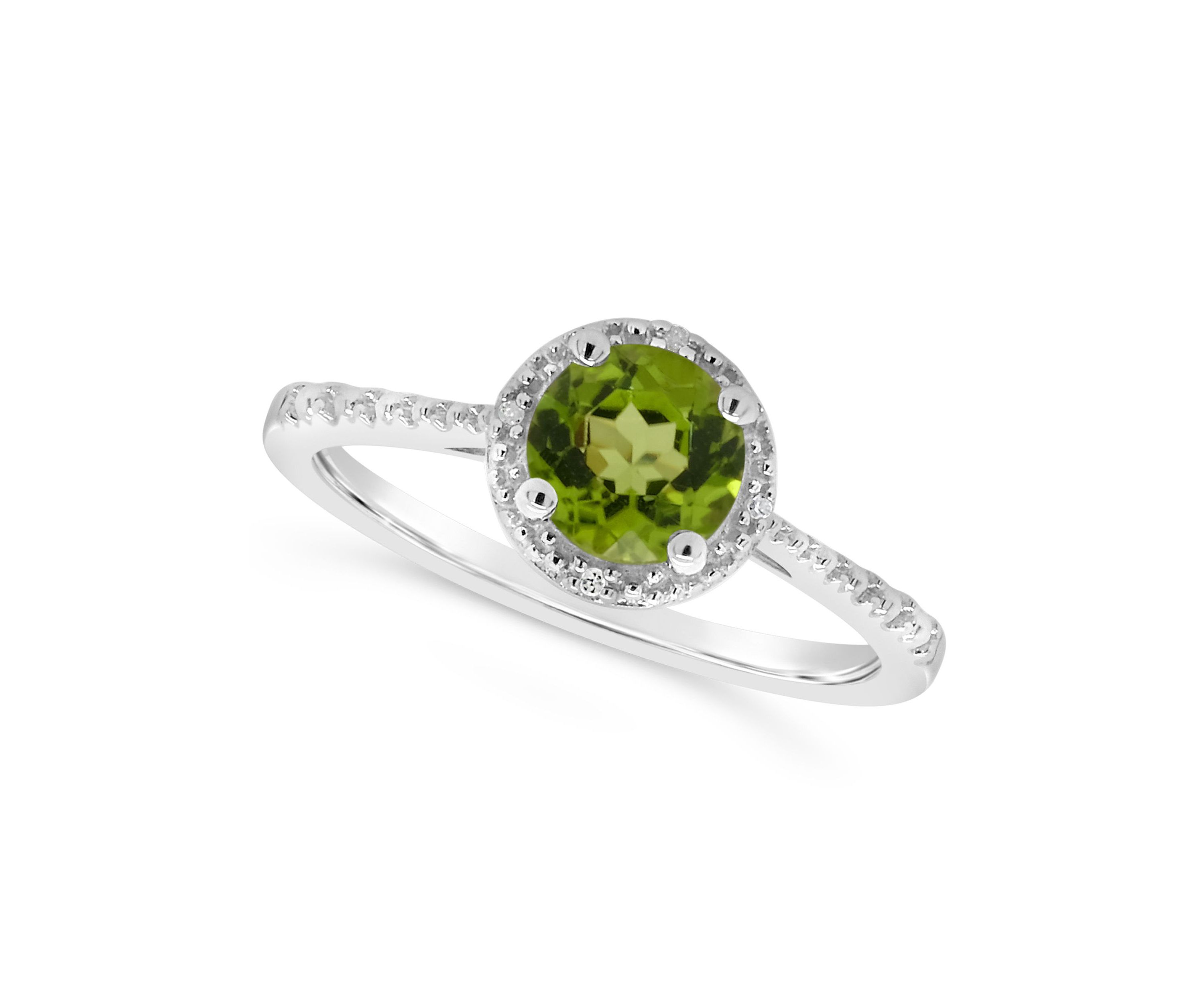 Sterling Silver 6mm Round Peridot Diamond Accent Halo Ring