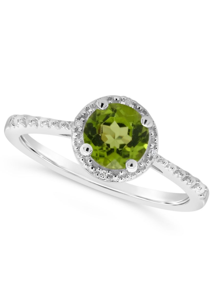 Sterling Silver 6mm Round Peridot Diamond Accent Halo Ring