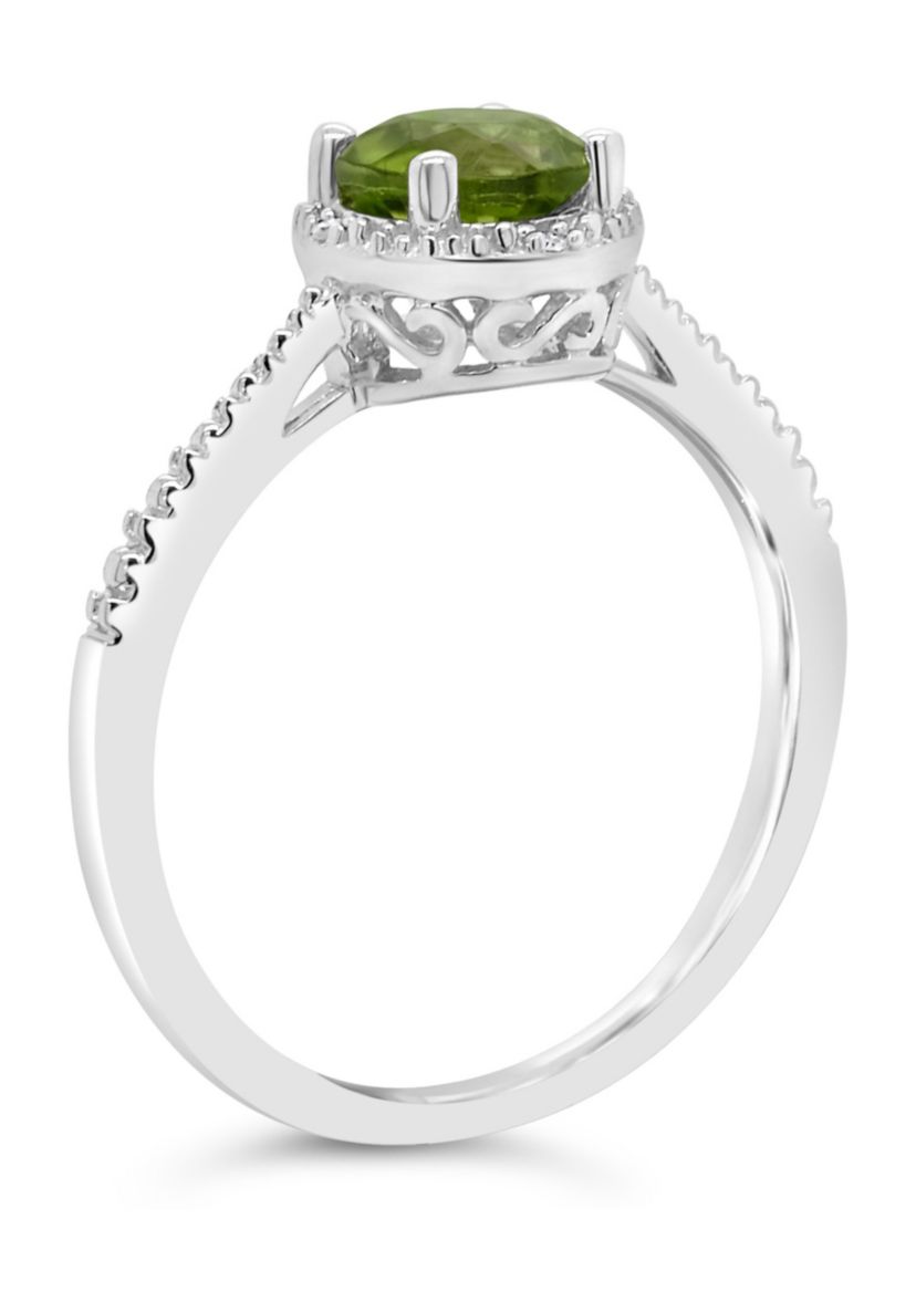 Sterling Silver 6mm Round Peridot Diamond Accent Halo Ring