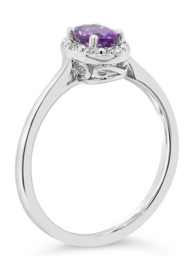 Sterling Silver 6x4mm Oval Amethyst Diamond Accent Halo Ring
