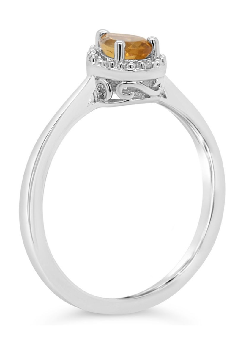 Sterling Silver 6x4mm Pear Shaped Citrine Diamond Accent Halo Ring