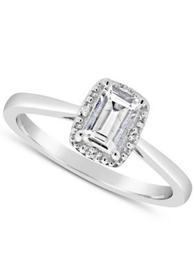Belk & Co Sterling Silver 6x4mm Emerald Cut Gemstone Diamond Accent Halo Ring, White, 9