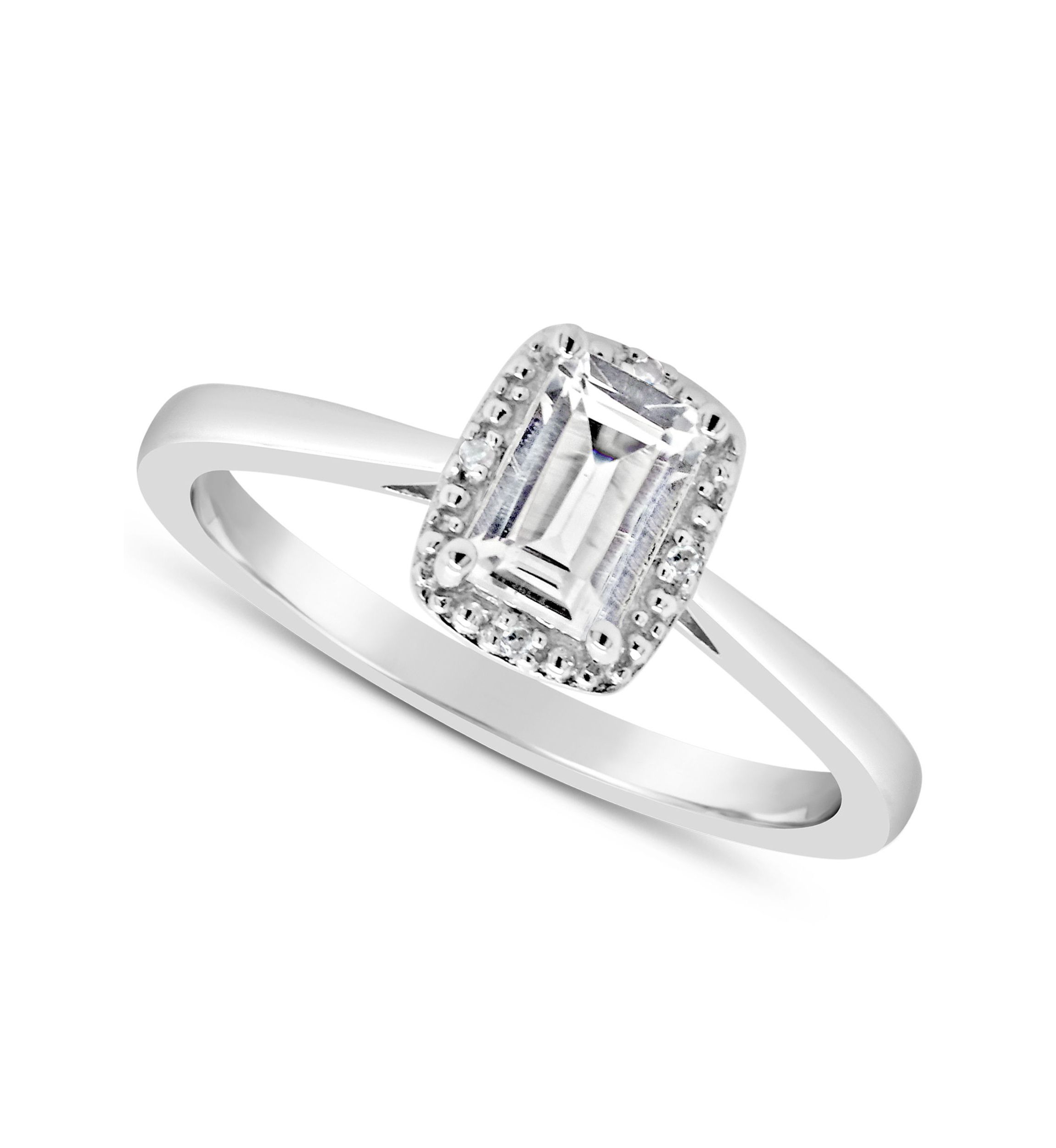 Sterling Silver 6x4mm Emerald Cut White Topaz Diamond Accent Halo Ring