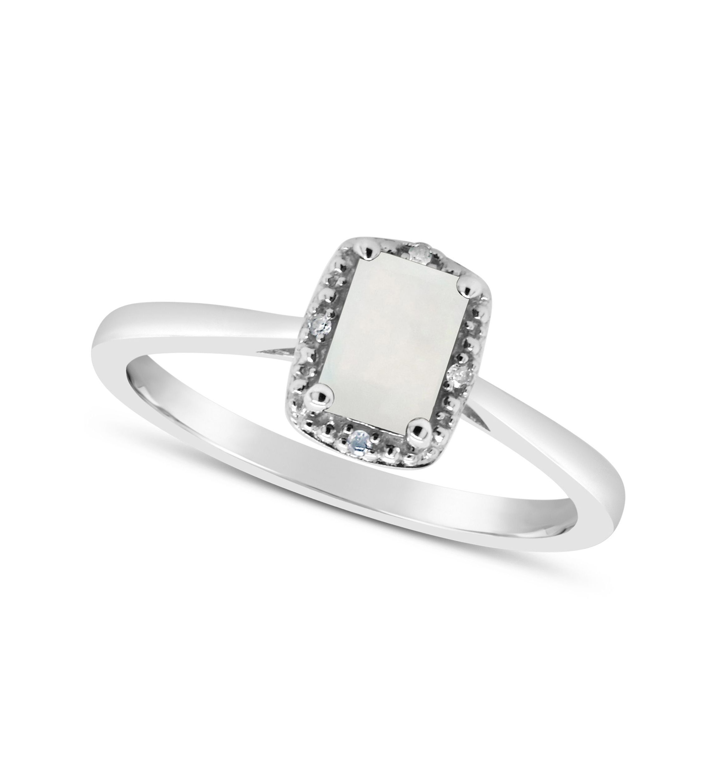 Sterling Silver 6x4mm Emerald Cut Opal Diamond Accent Halo Ring