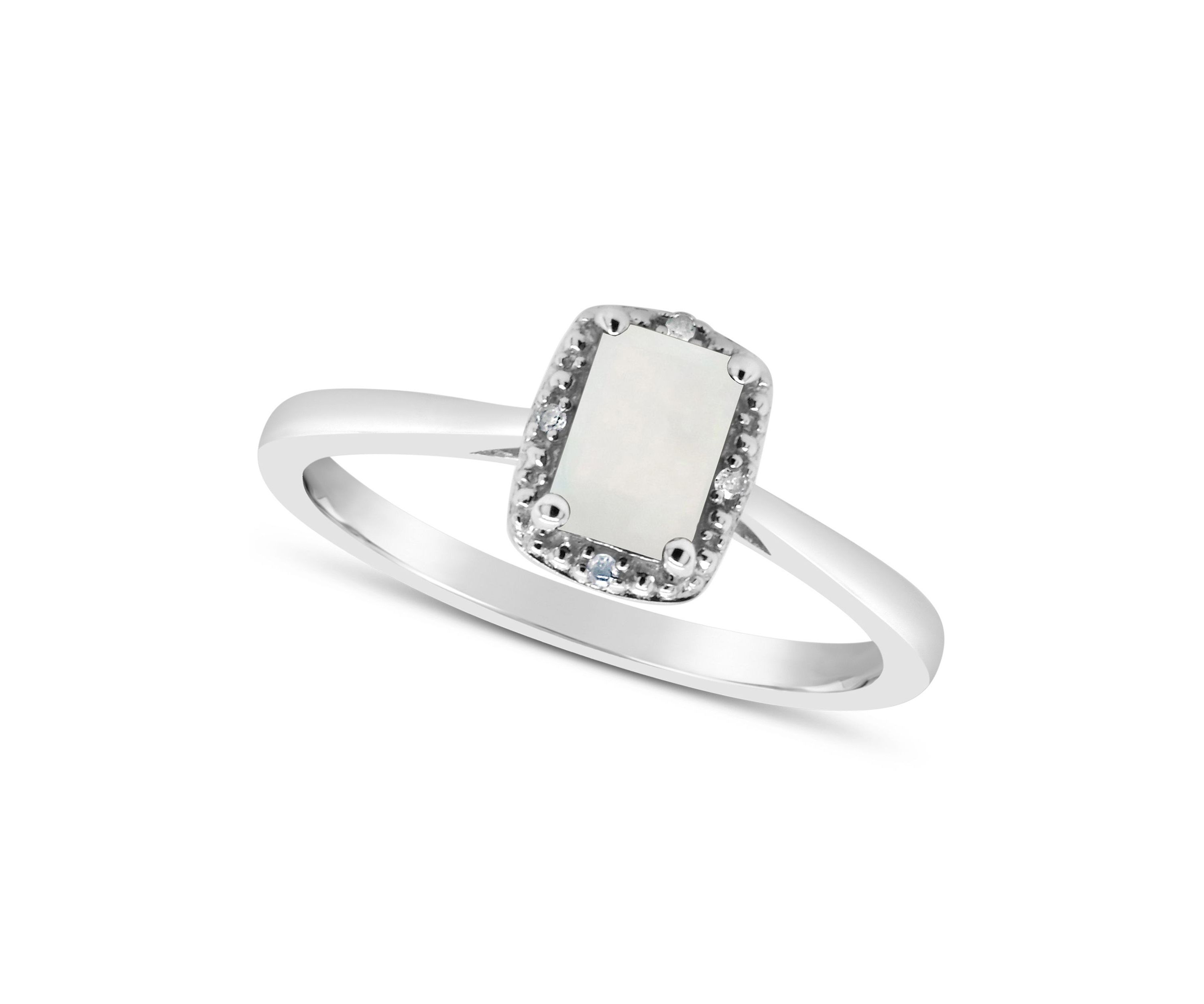 Sterling Silver 6x4mm Emerald Cut Opal Diamond Accent Halo Ring