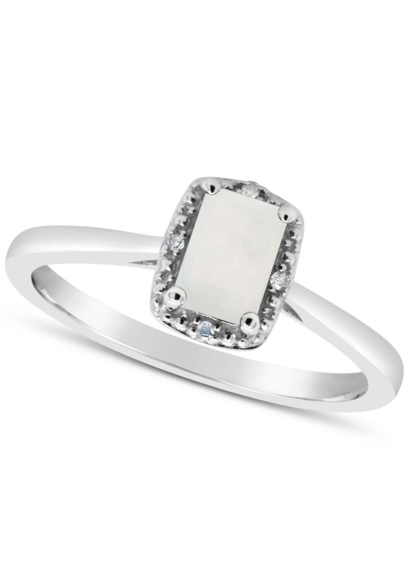Sterling Silver 6x4mm Emerald Cut Opal Diamond Accent Halo Ring