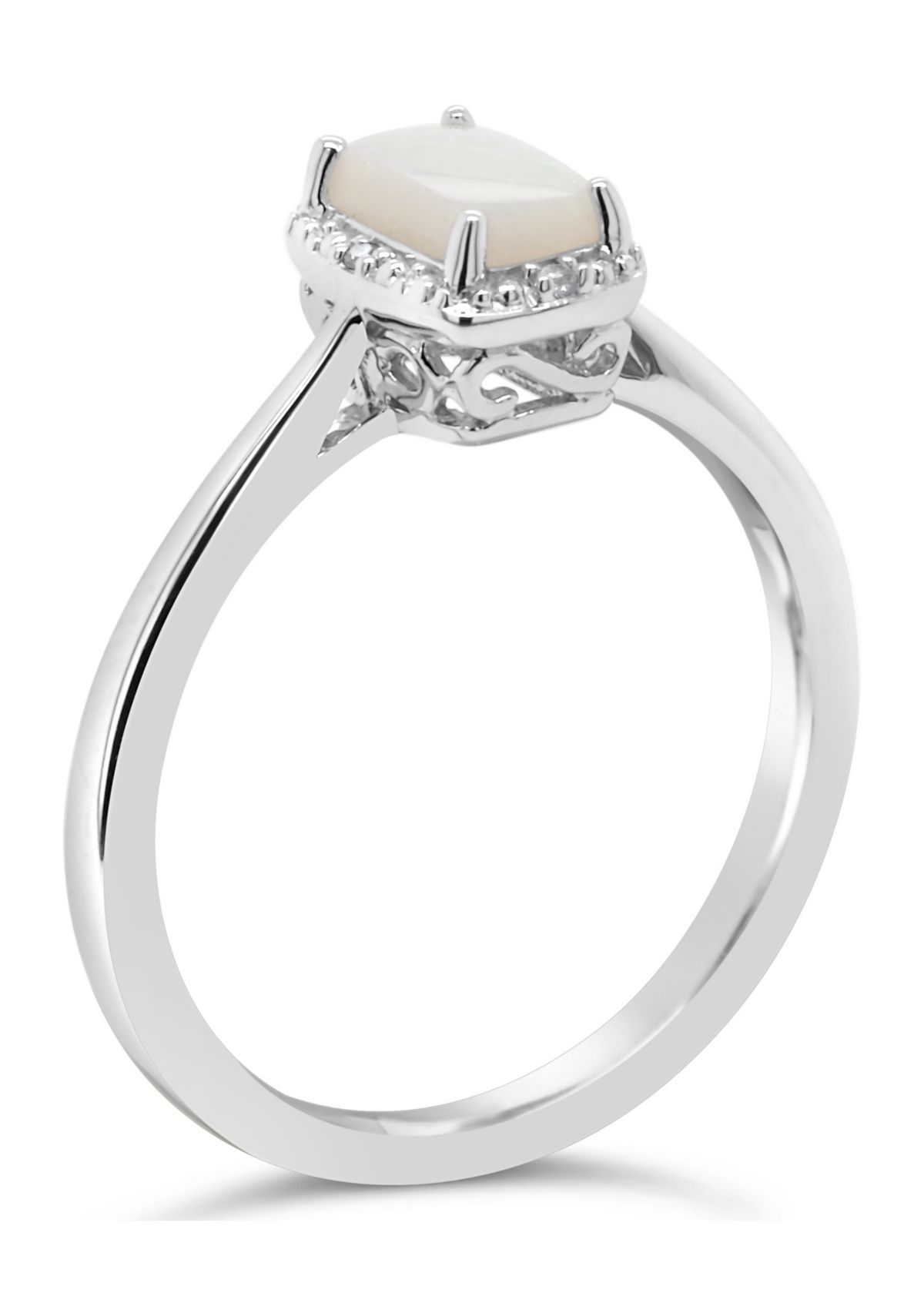 Sterling Silver 6x4mm Emerald Cut Opal Diamond Accent Halo Ring