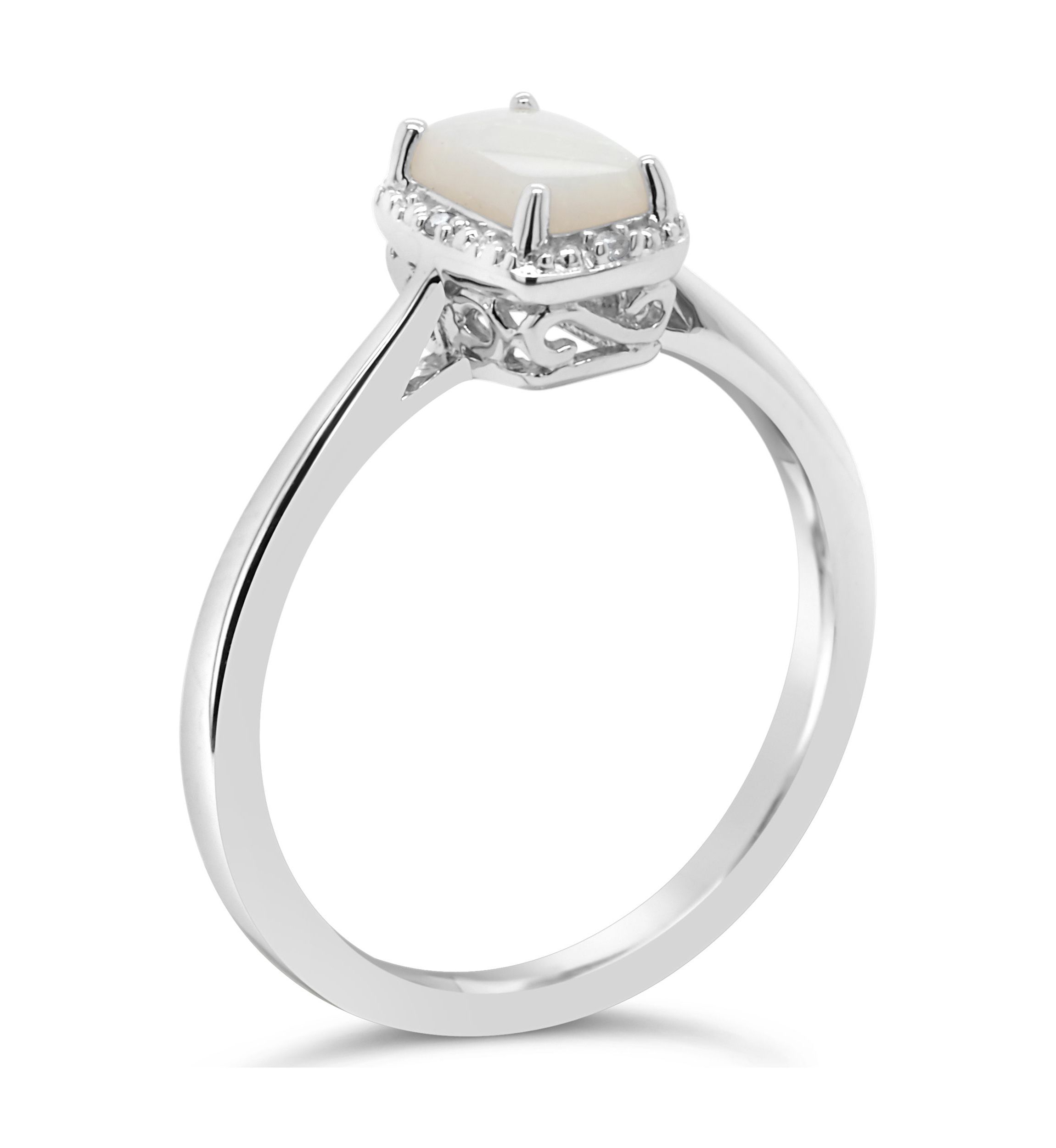 Sterling Silver 6x4mm Emerald Cut Opal Diamond Accent Halo Ring