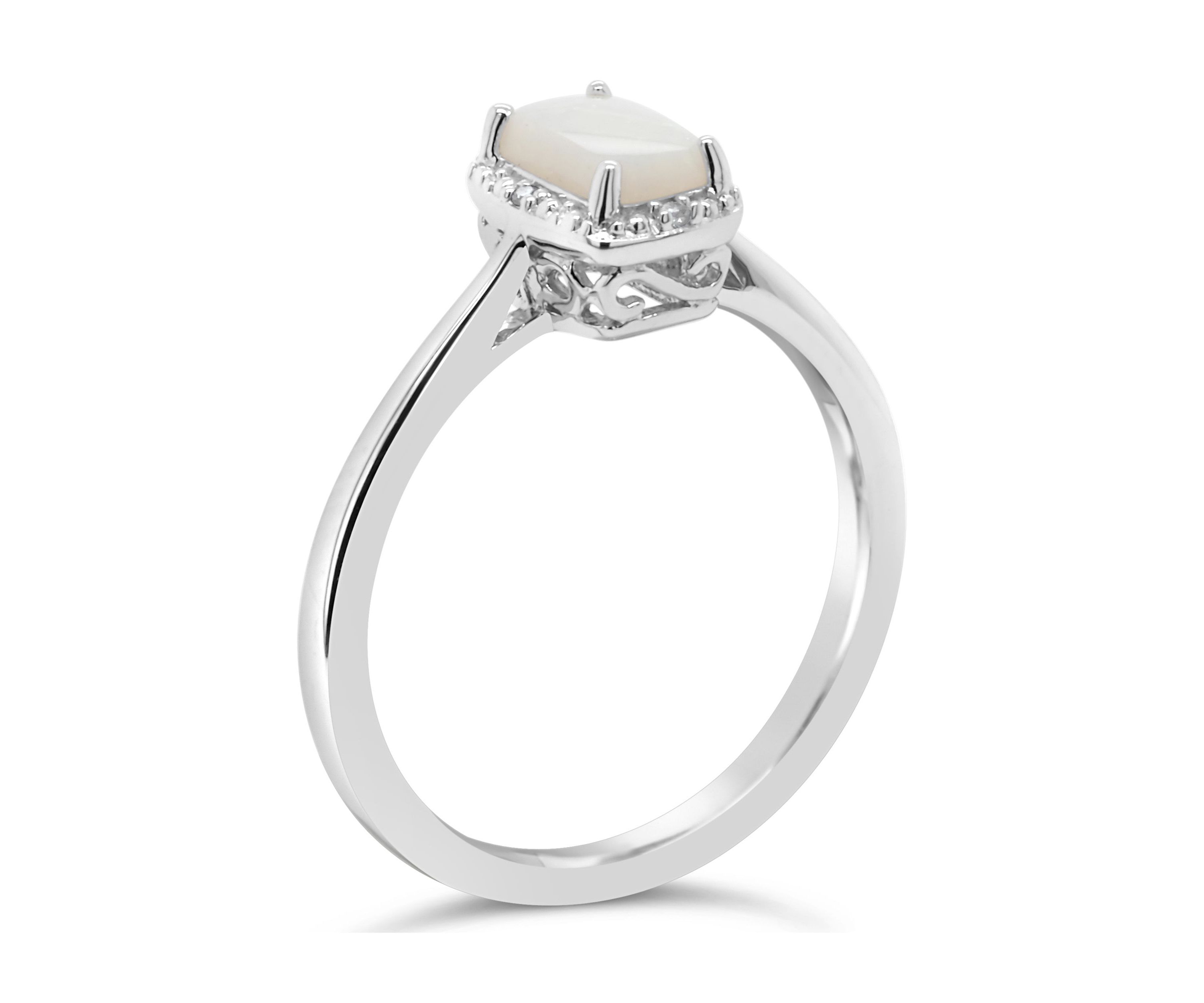 Sterling Silver 6x4mm Emerald Cut Opal Diamond Accent Halo Ring