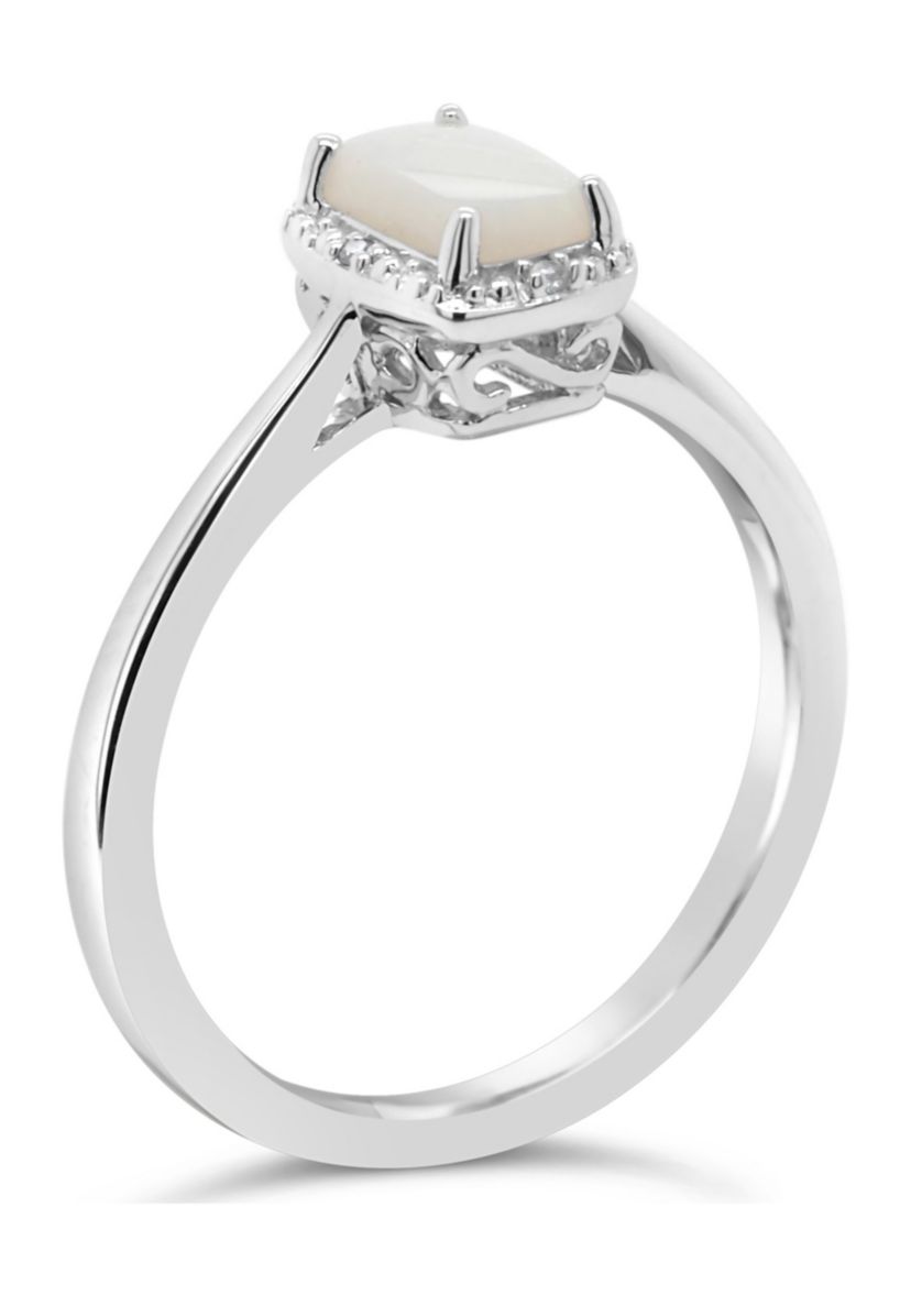 Sterling Silver 6x4mm Emerald Cut Opal Diamond Accent Halo Ring