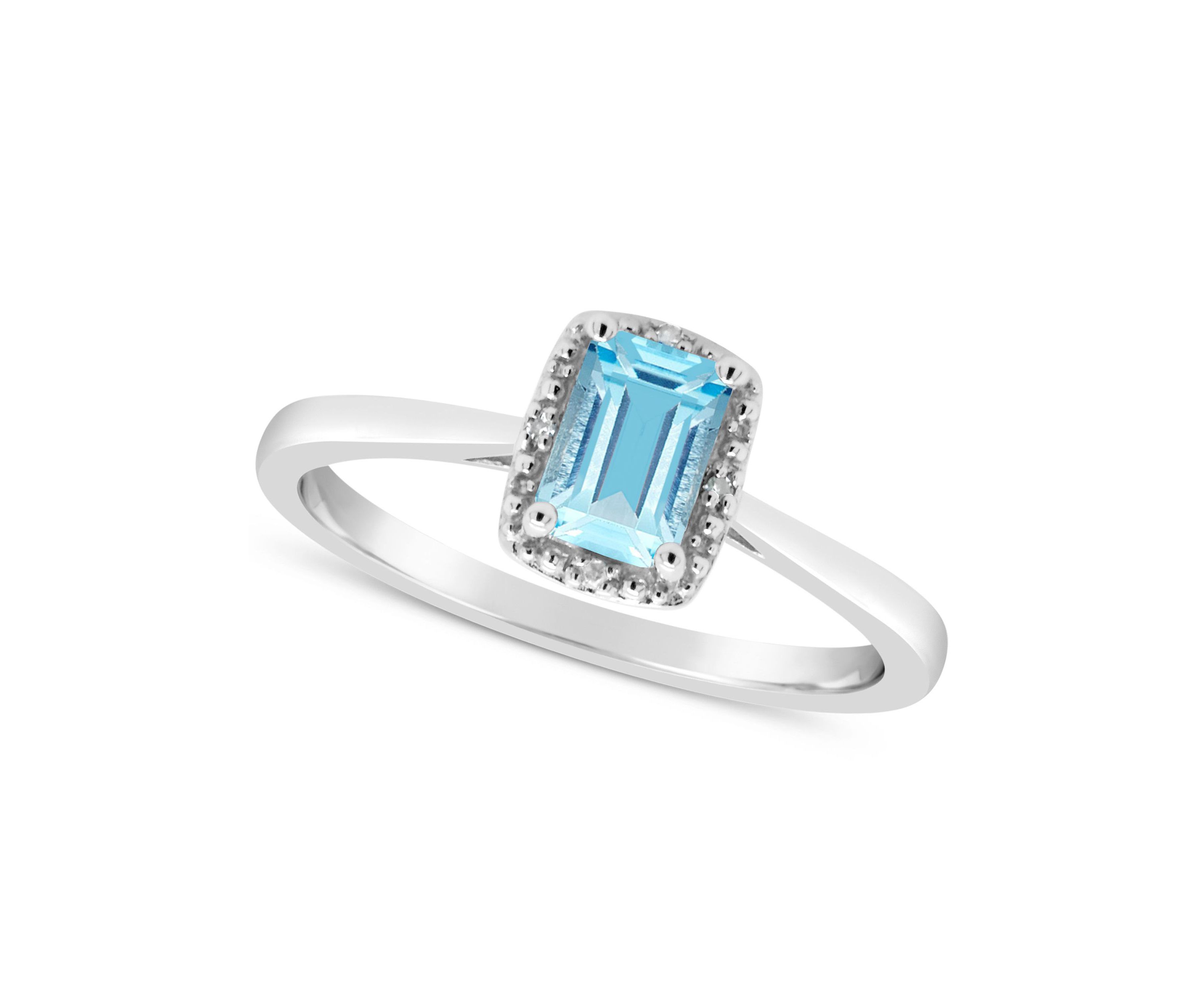 Sterling Silver 6x4mm Emerald Cut Blue Topaz Diamond Accent Halo Ring