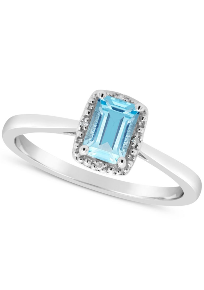 Sterling Silver 6x4mm Emerald Cut Blue Topaz Diamond Accent Halo Ring